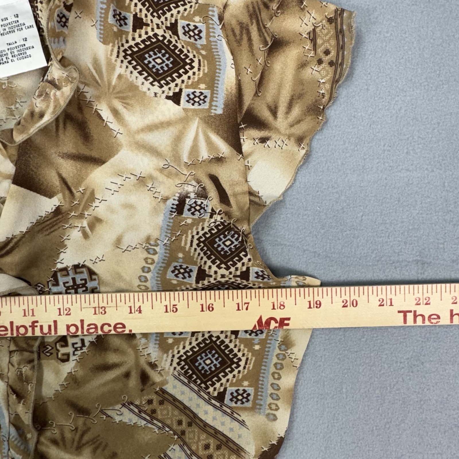 Vtg Y2K Dress-U Sharon Boho Ruffle Blouse Size 12 Tan Geometric Eclectic