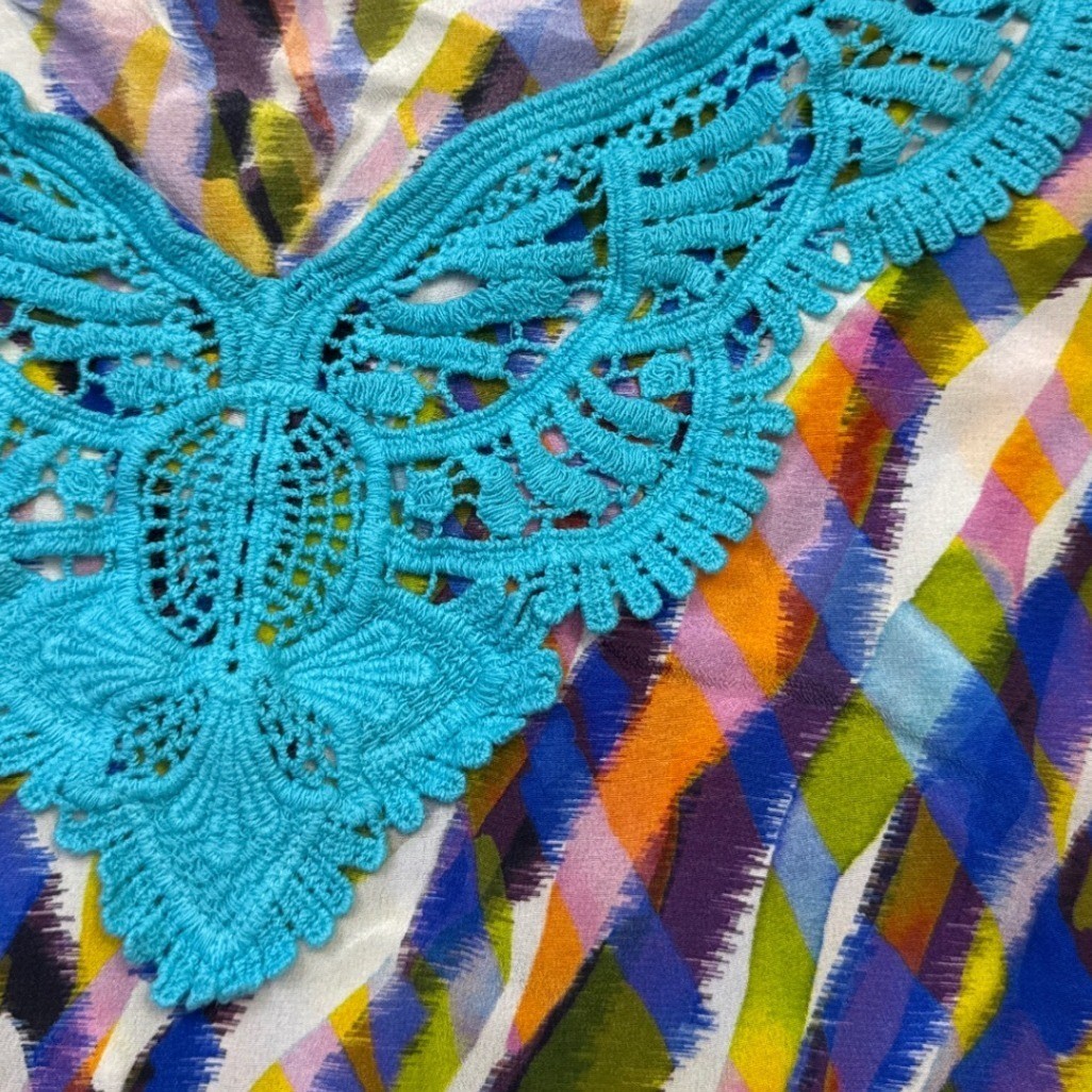 Trina Turk 100% Silk Caftan Top 4 Batwing Multicolor Crochet Trim Boho Resort