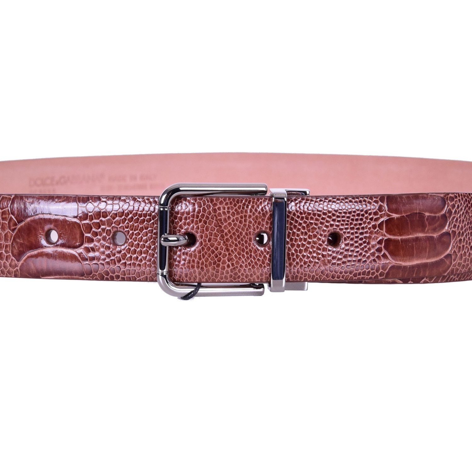 DOLCE & GABBANA Ostrich Leather Belt with Roller Buckle Brown