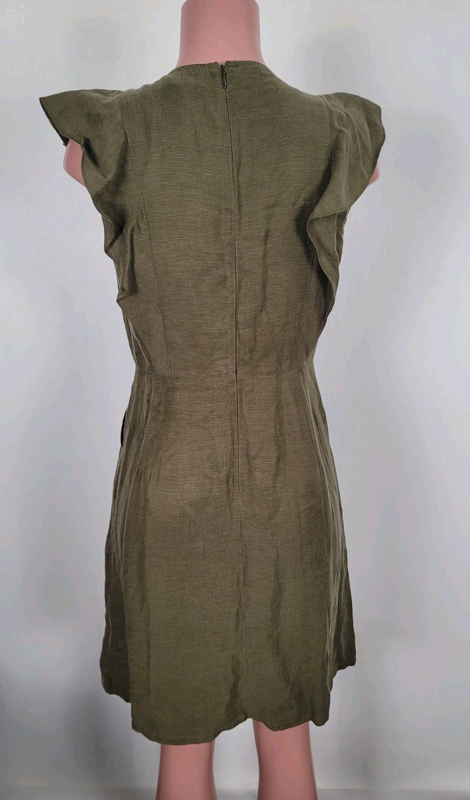 J. Crew Ruffle Sleeve Linen Cupro Blend Dress Olive Button Front Dress Size 6