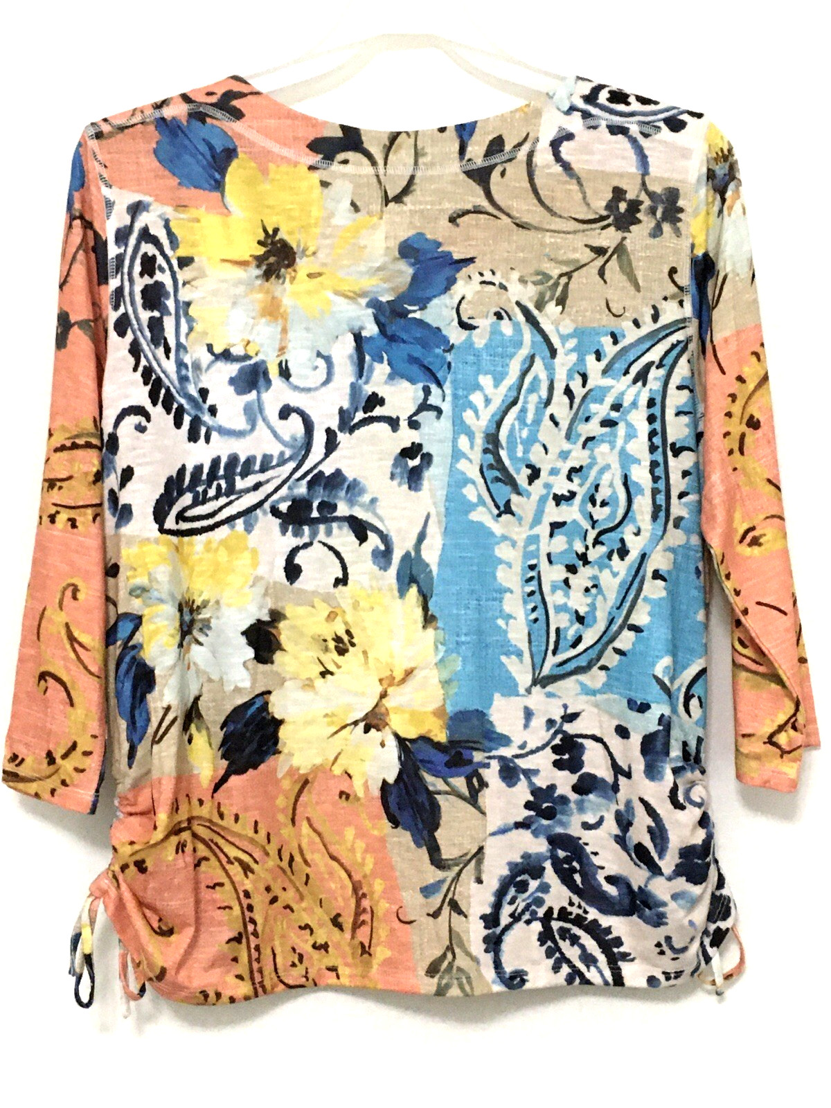 Alfred Dunner L Side Pull Tie Patchwork Print Decorative Neckline 3/4 Sleeve Top