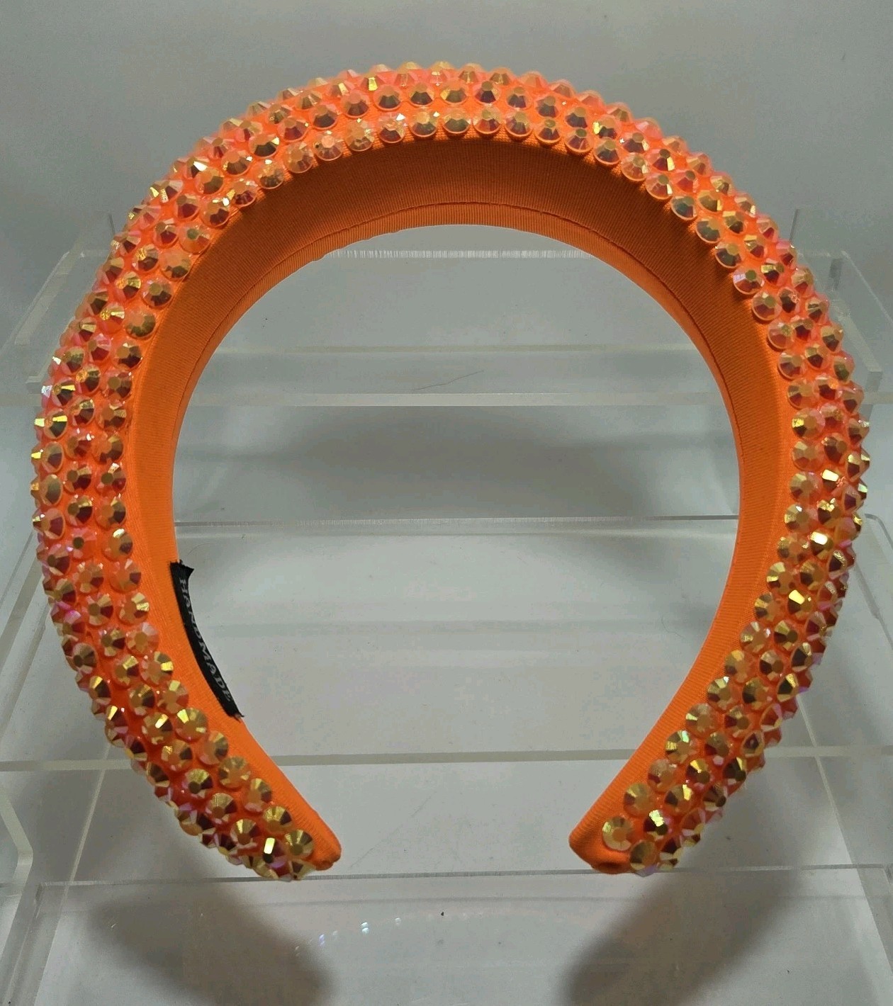Neon Orange Padded Fabric Headband Hair Accessory W/Rhinestone Bling Handmade