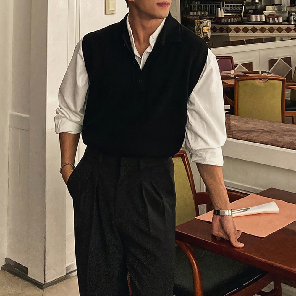 Men Sleeveless Sweater Vest Knitted Pullover with Lapel for Casual
