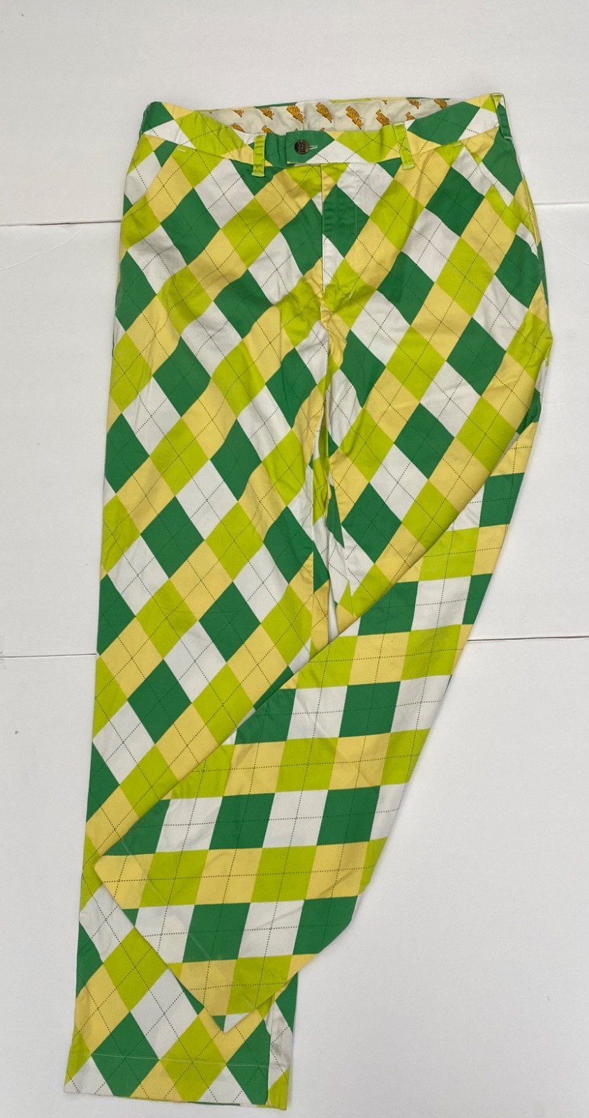 Loudmouth Men’s Golf Pants 36 x 32 Green Yellow Argyle Diamond Cotton