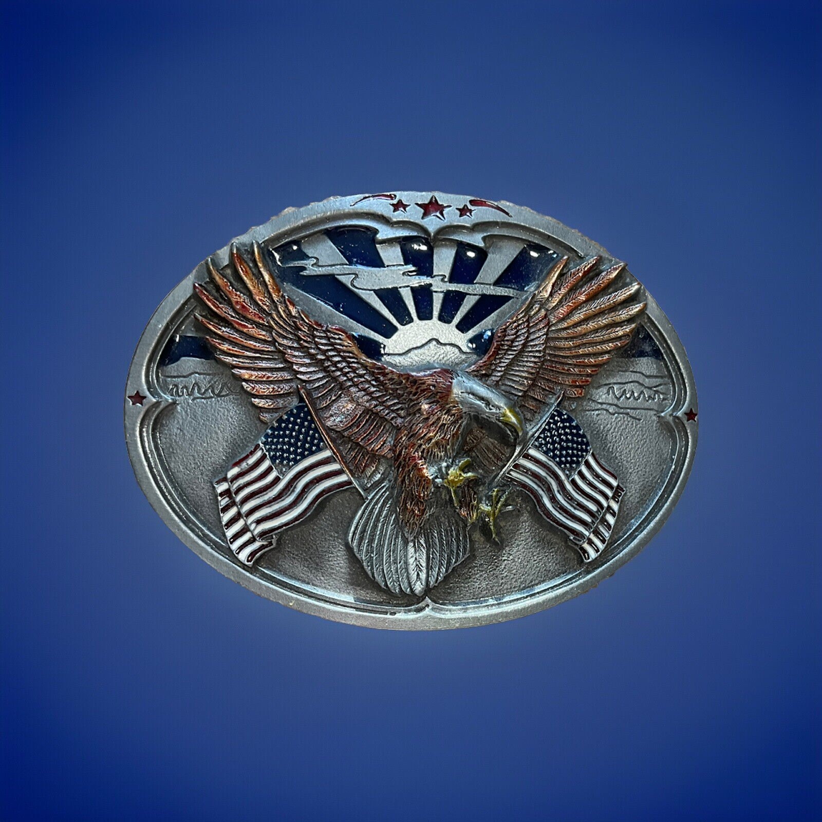 Bergamot American Flags & Eagle Belt Buckle T-256 3D Pewter BRAND NEW