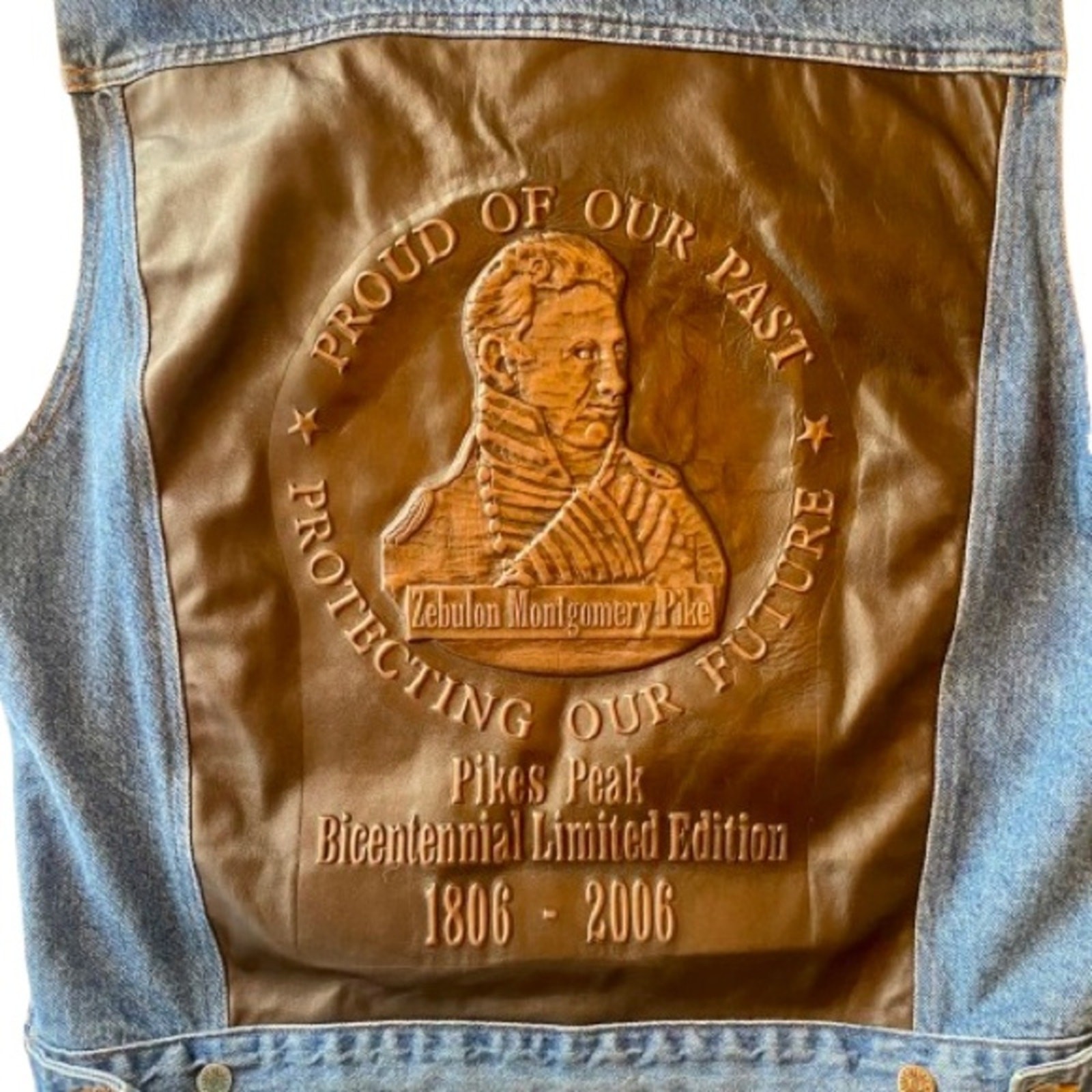 Vintage Denim Biker Vest Embossed Faux Leather Panel Sleeveless Pikes Peak 2XL