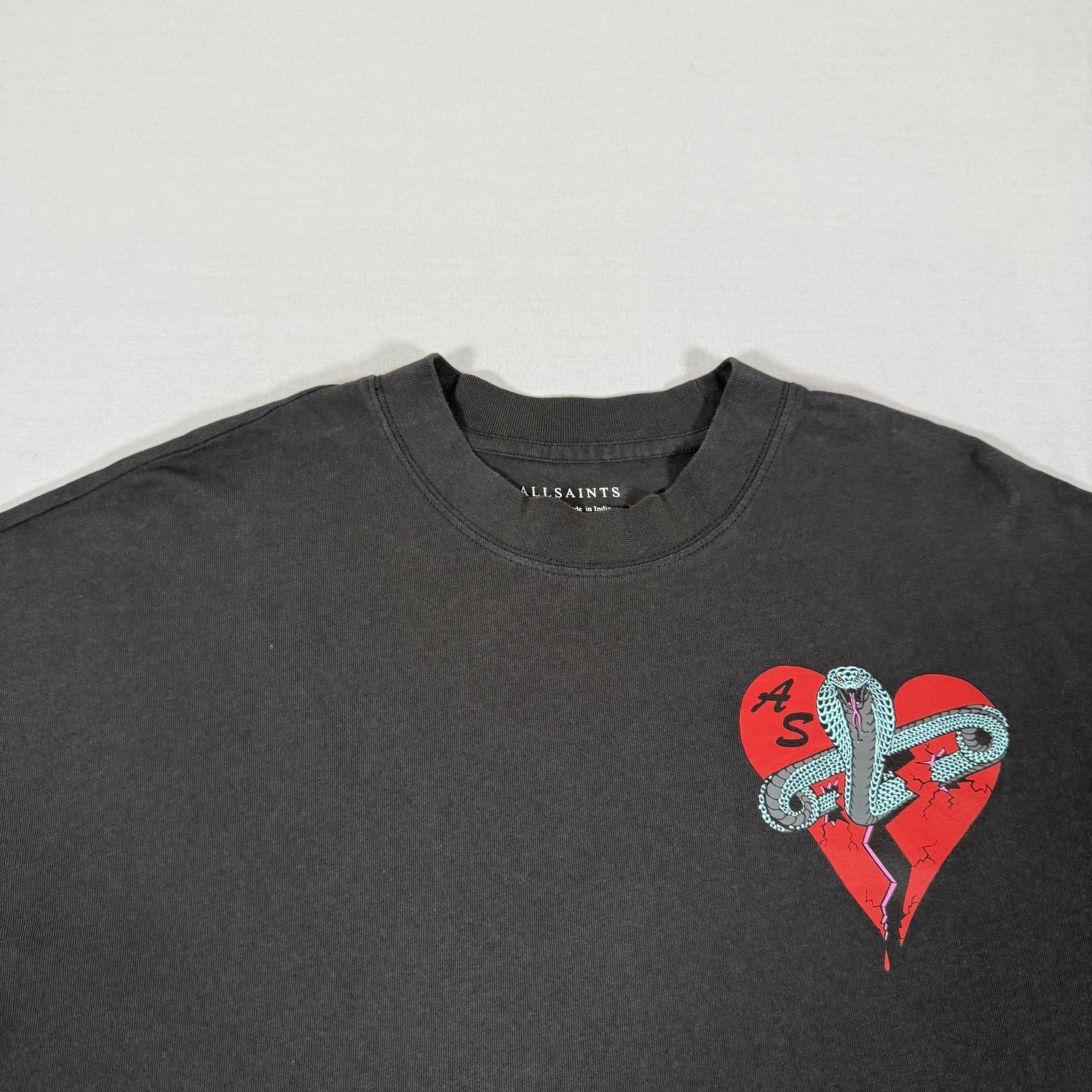 All Saints Shirt Mens Medium Black Oversized Snake Heart Tee Organic Cotton Gym
