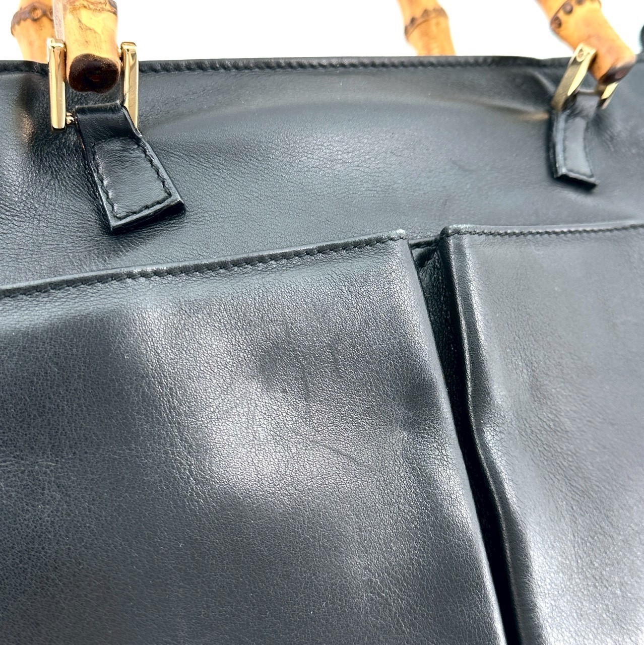 Vintage Gucci Bamboo Tote Bag Shoulder Bag Black Leather Authentic