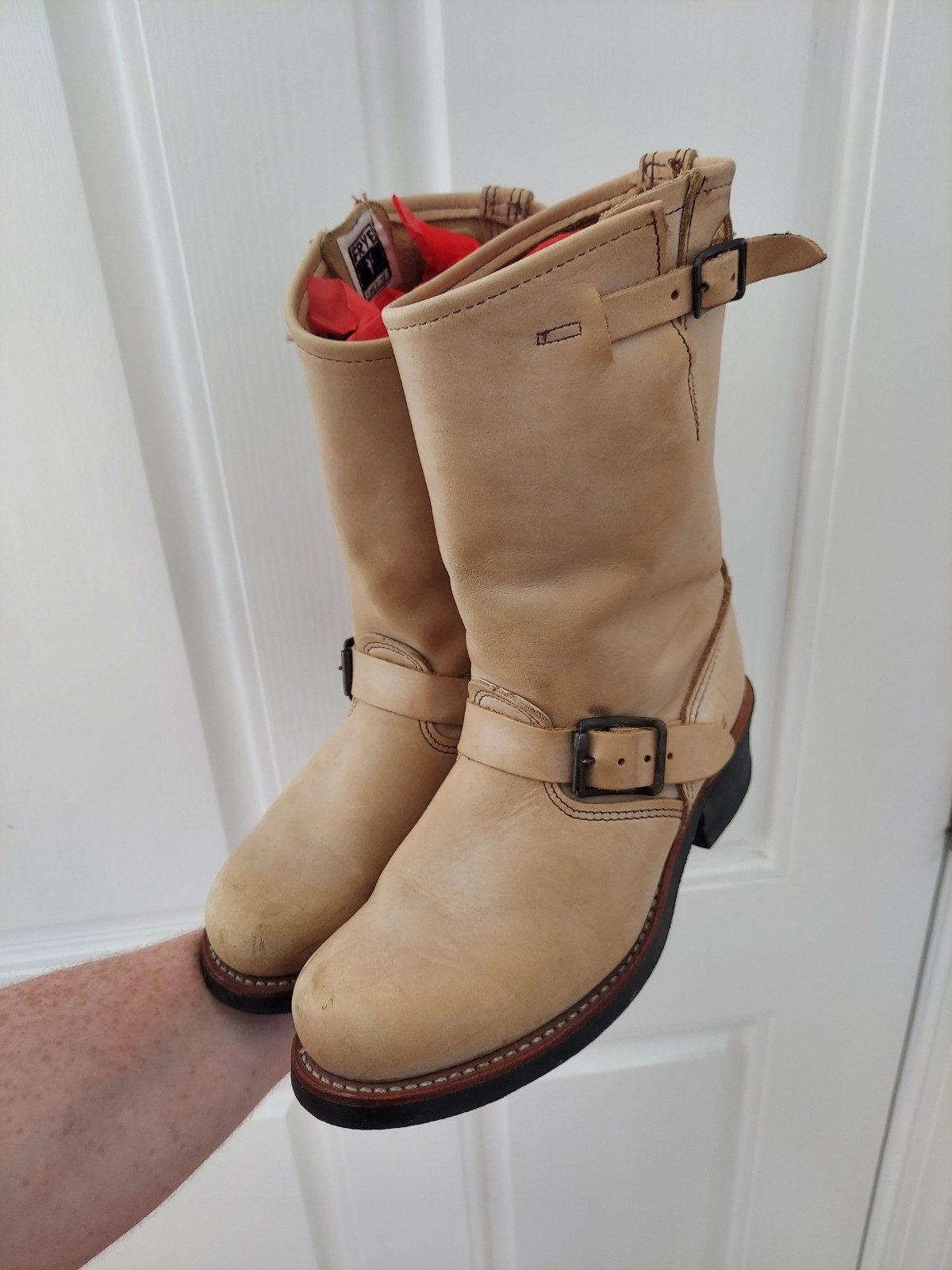 Frye 701 Engineer Boots Pale Yellow Goodyear Welted Motorcycle Women’s Boots 8 M