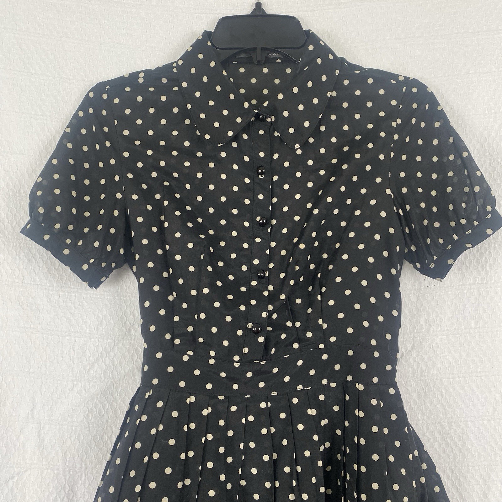 Vintage Polka Dot Dress Black Cream Silk Blend Retro Pin Up Rockabilly Fit Flare