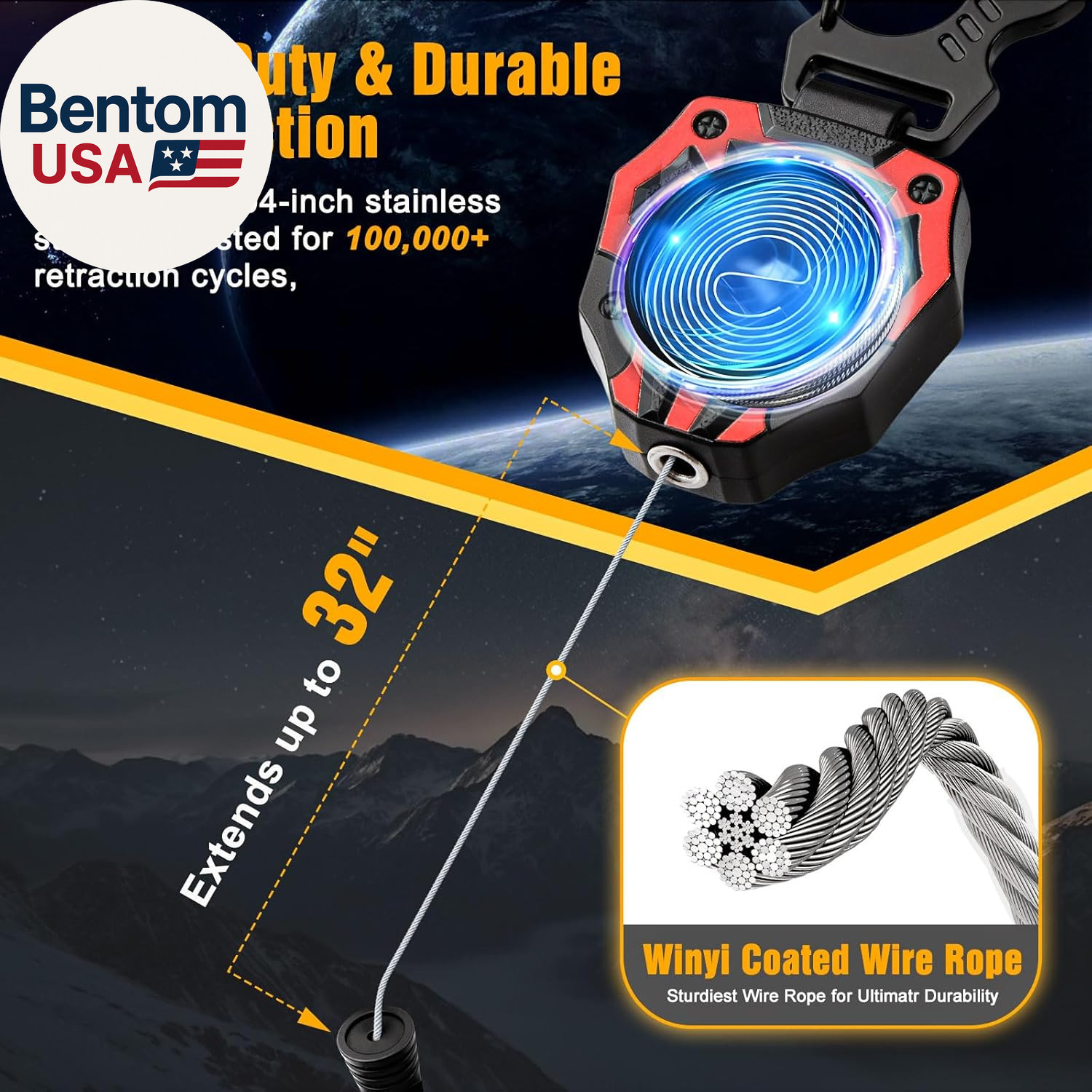 Heavy Duty Retractable Keychain 28in Steel Cord Carabiner Badge Reel 10oz