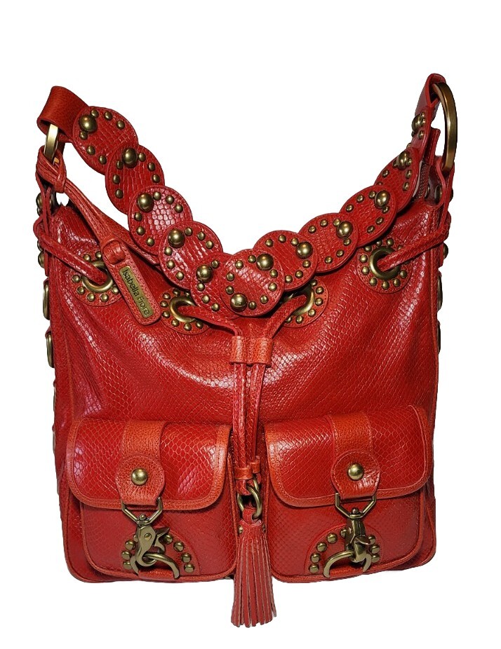 ISABELLA FIORE SNAKE CHARMER RED STUDDED EMBOSSED LEATHER SHOULDER HANDBAG $695