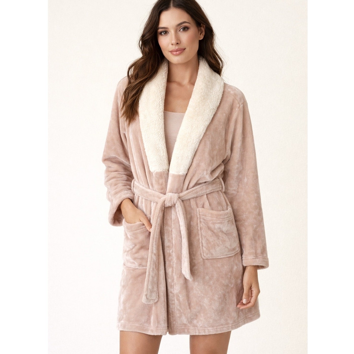 Adrienne Vittadini Plush Bathrobe Ultra Soft Faux Fur Pockets Tan One Size