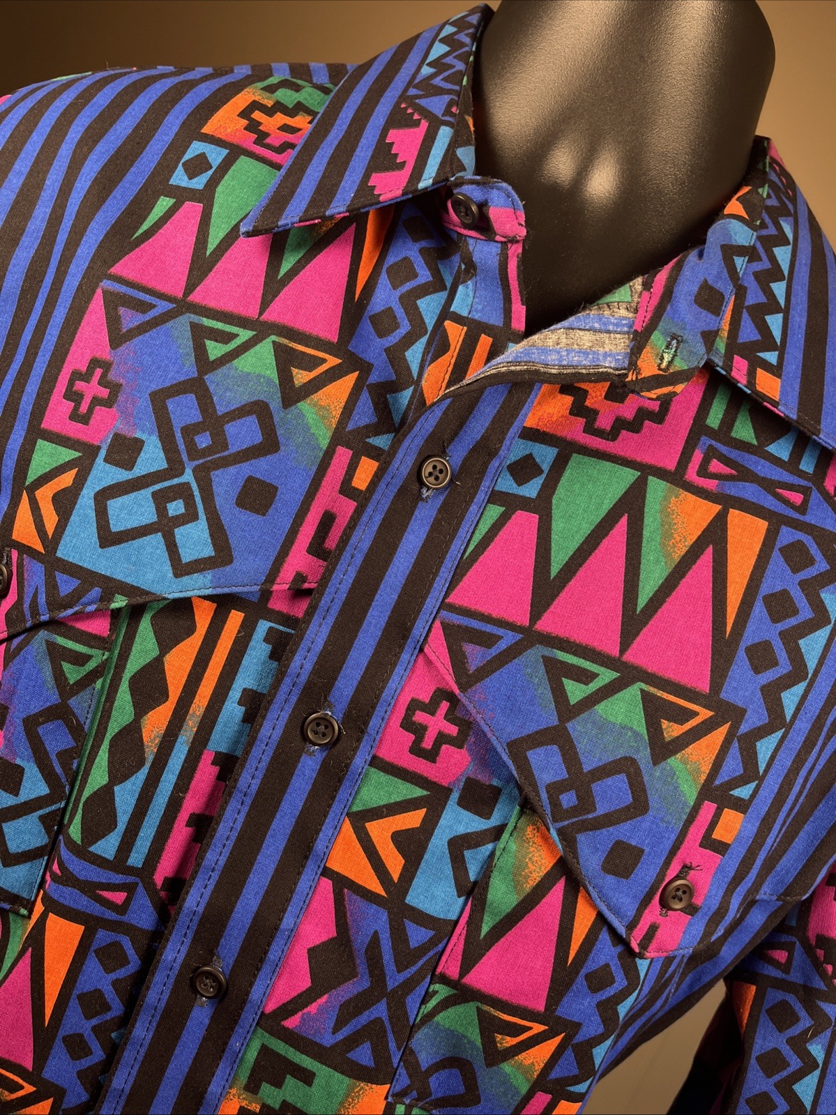 Vtg 90s Wrangler Cowboy Aztec Shirt Mens 16.5 USA Geometric Western Button Up