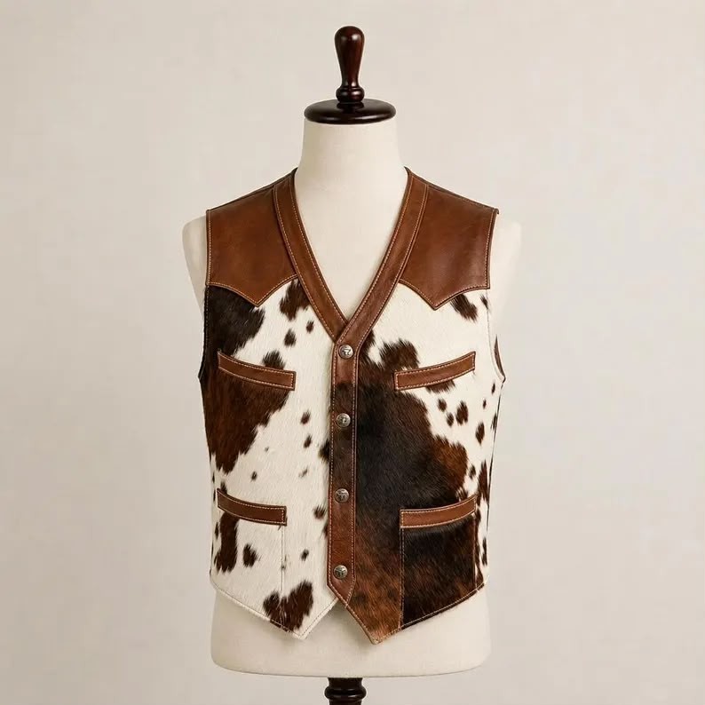 Handmade Cow Hide Leather Vest Brown White Yoke Snap Cowboy Waistcoat