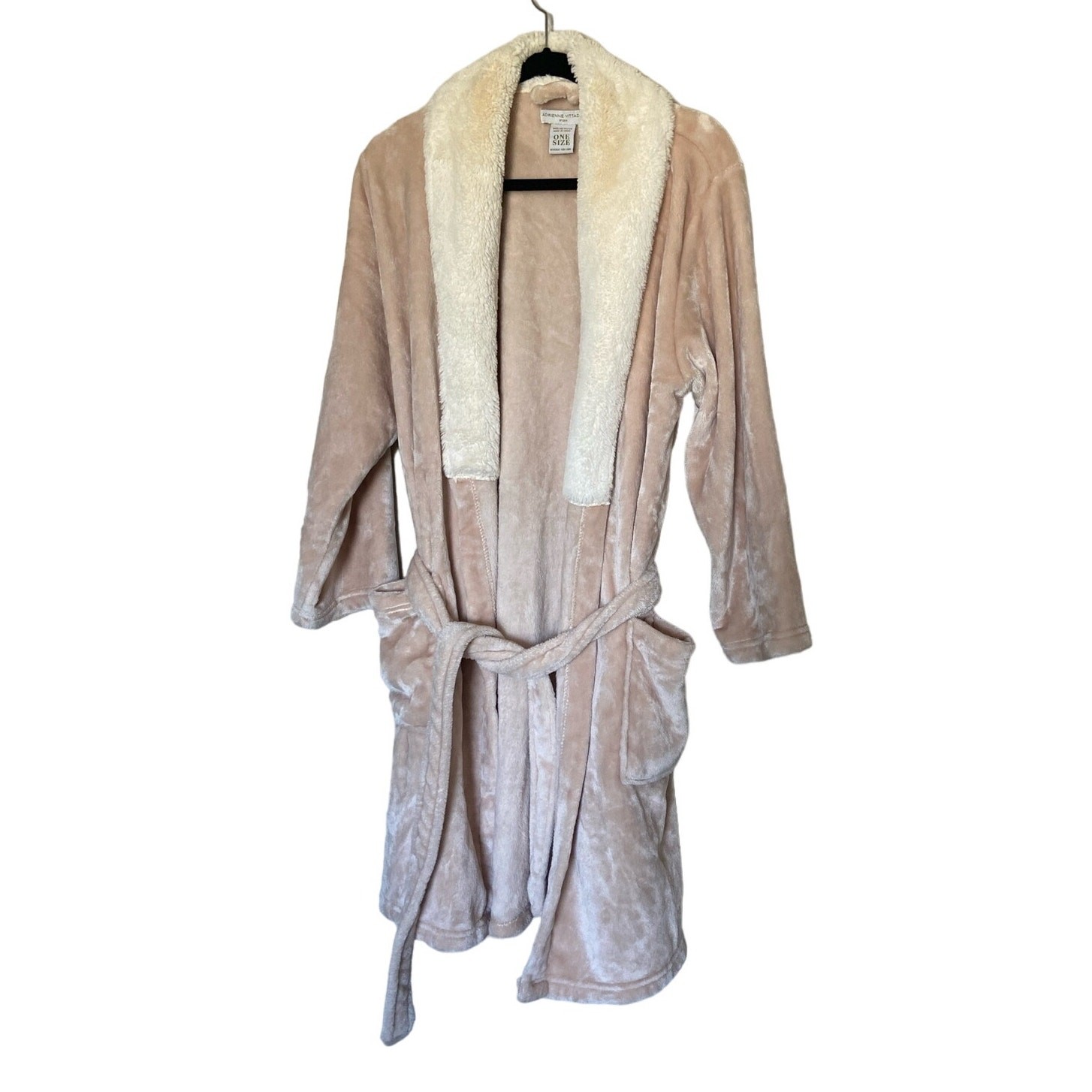 Adrienne Vittadini Plush Bathrobe Ultra Soft Faux Fur Pockets Tan One Size