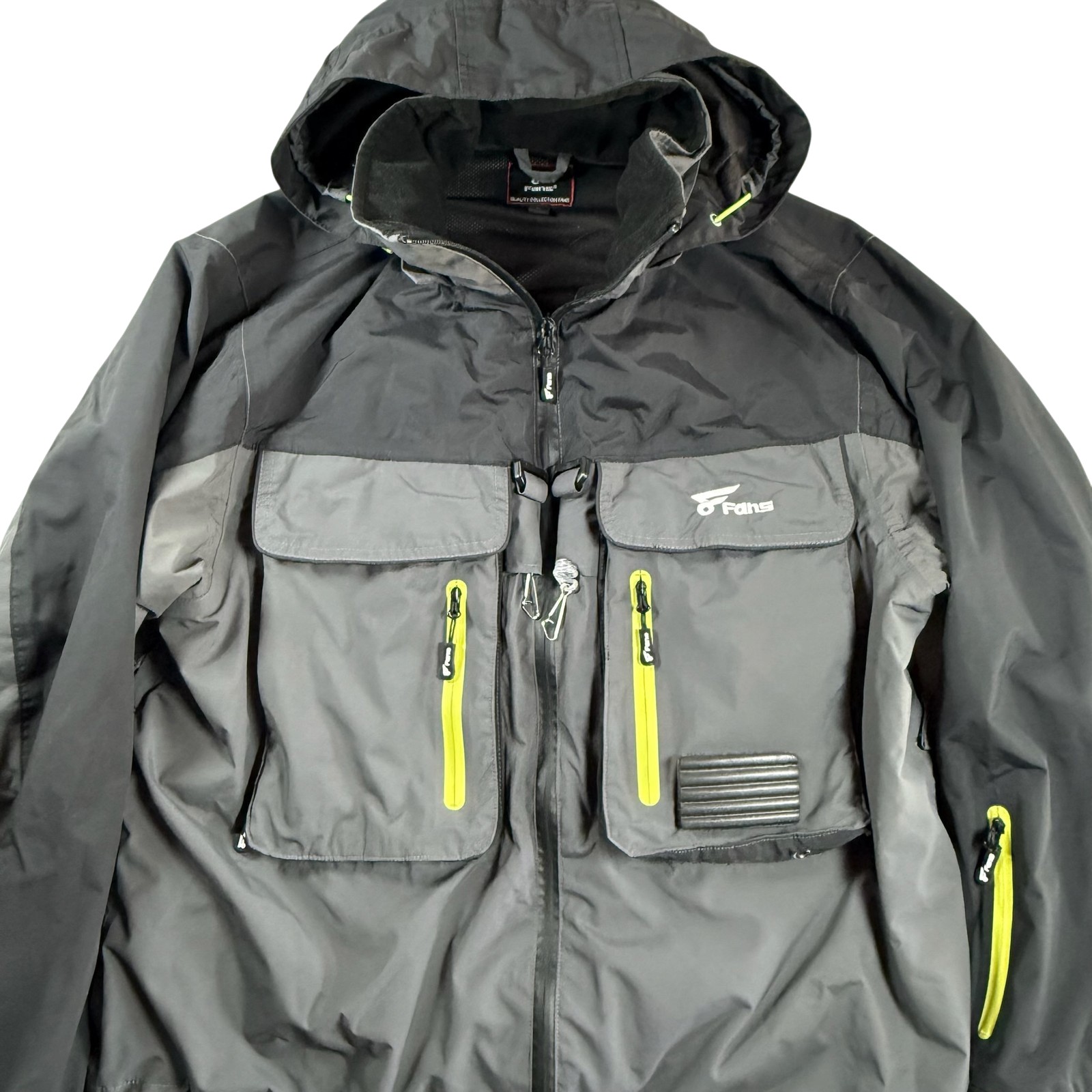 Fans Fly Fishing Wading Jacket Hooded Waterproof Gray Yellow Mens Size Large