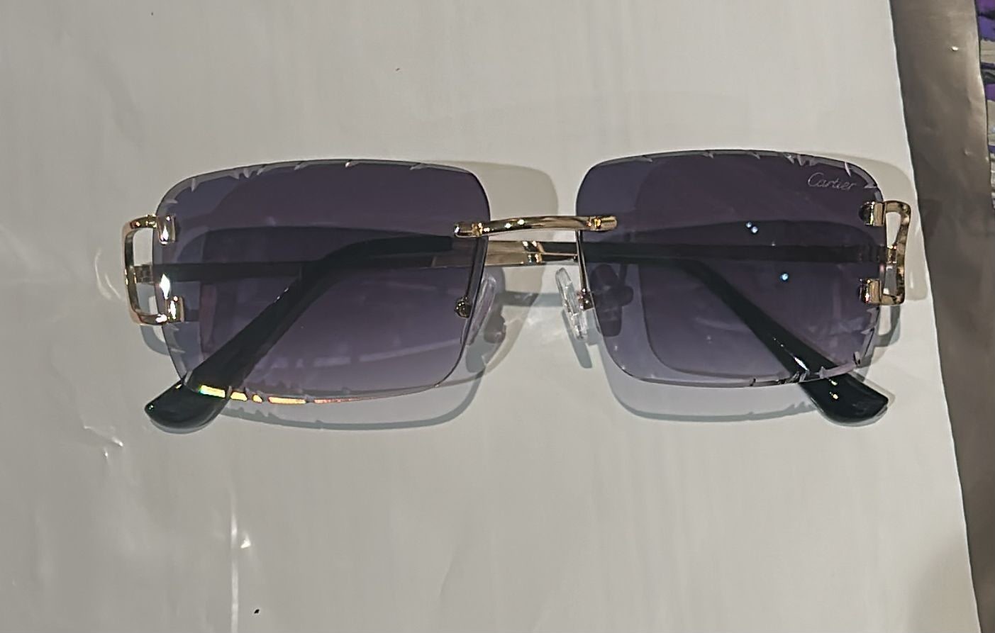 Cartier Big C Diamond Cut Red to Blue Fade Frameless Lens Gold Frame FREE SHIP