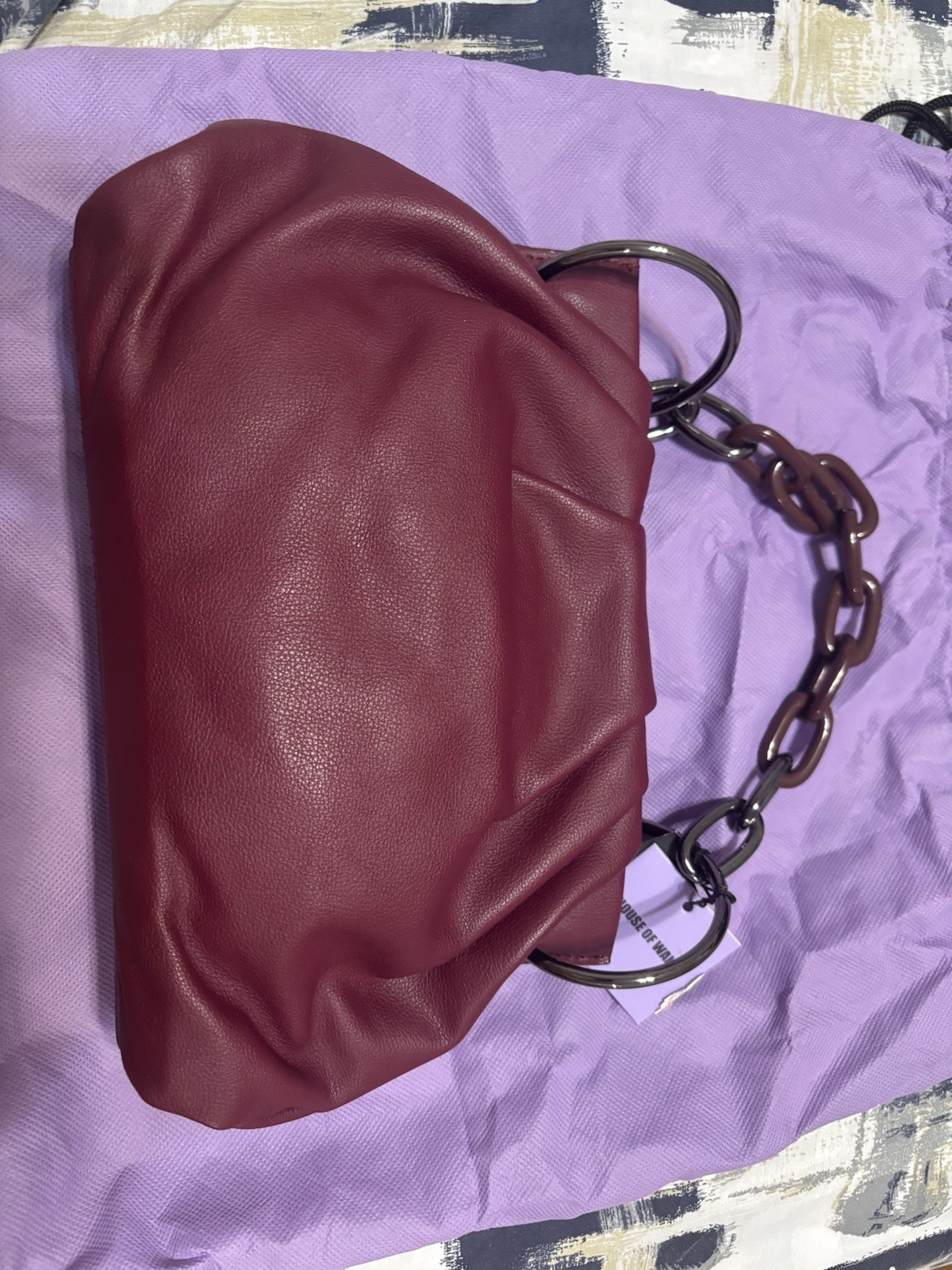 Burgundy Small Shoulder Bag Chain & Ring Accents Silver Hardware w/ Dust Bag