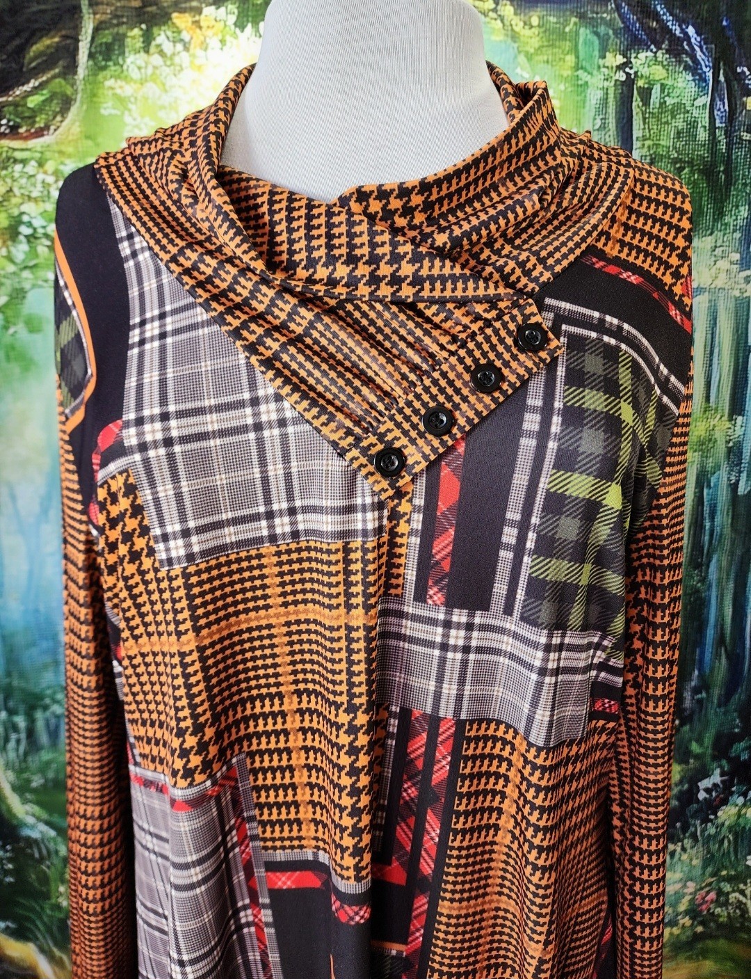 Lily By Firmiana Multi Pattern Houndstooth Plaid Patchwork Tunic Top 1X