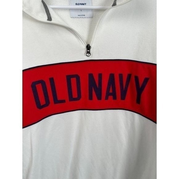 Old Navy Mens Quarter Zip Sweatshirt White Red Logo Fleece Pullover Large
