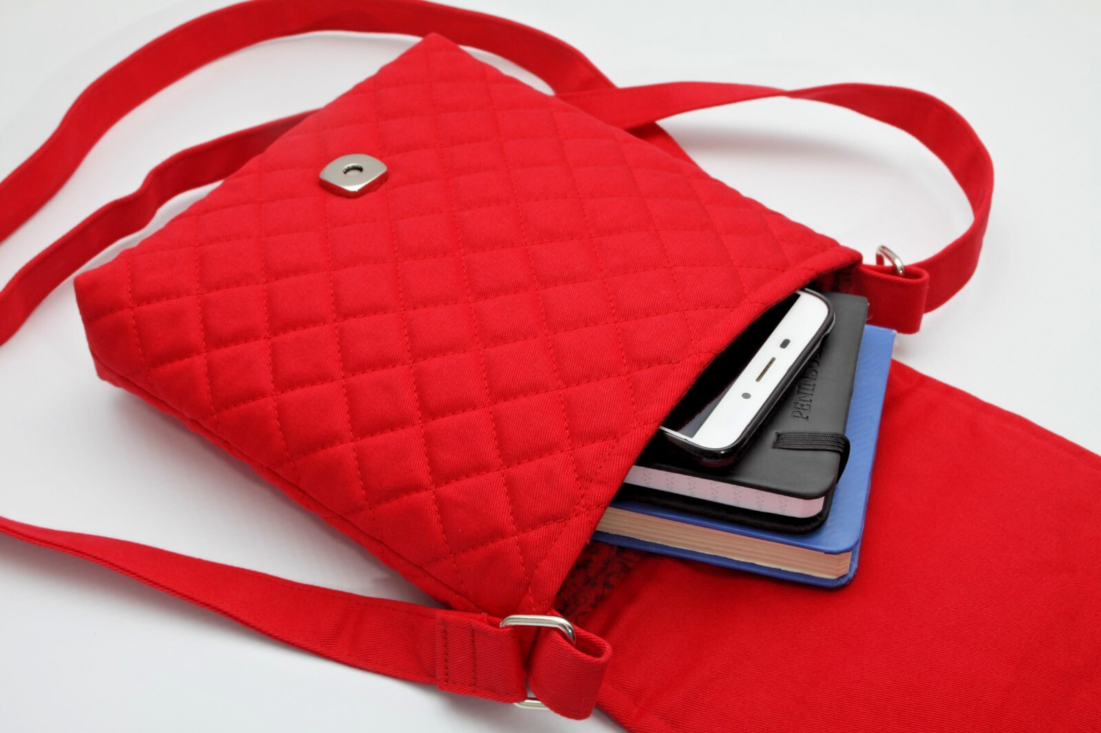 Red Natural Cotton Crossbody Bag Embroidered Adjustable Strap.