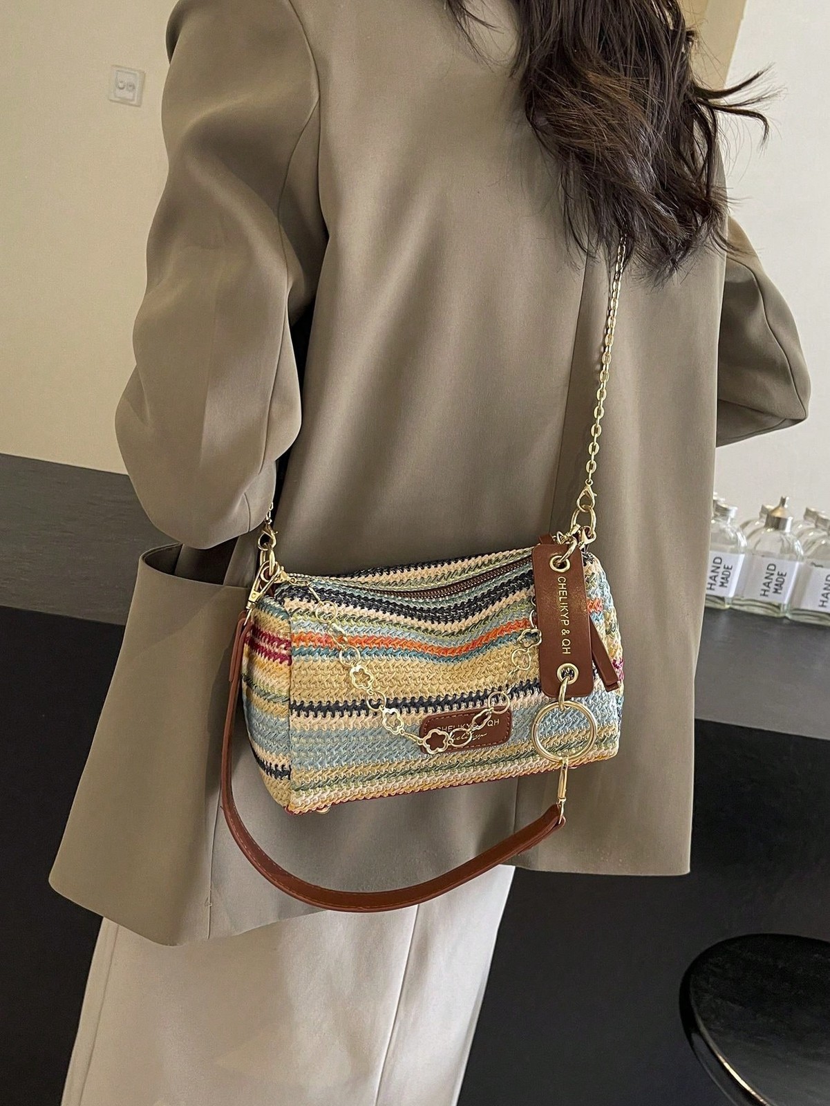New Spring Summer Contrast Striped Woven Straw Shoulder Bag, Fashion Letter
