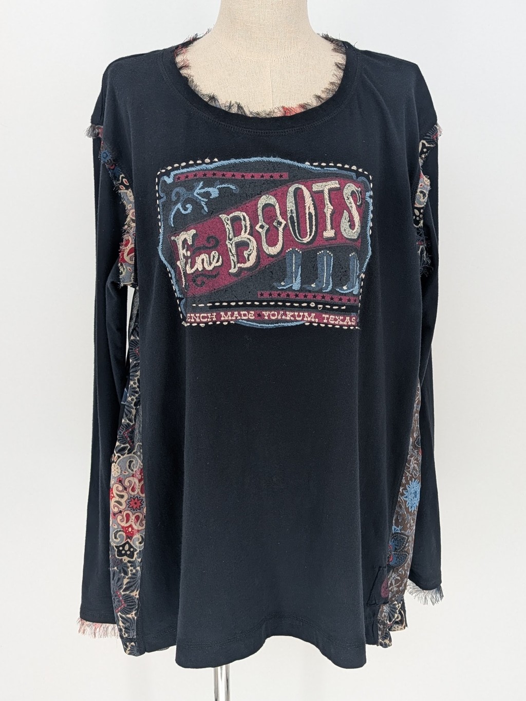 Double D Ranch Fine Boots Tunic L Embroidered Western Sheer Panel Black Top
