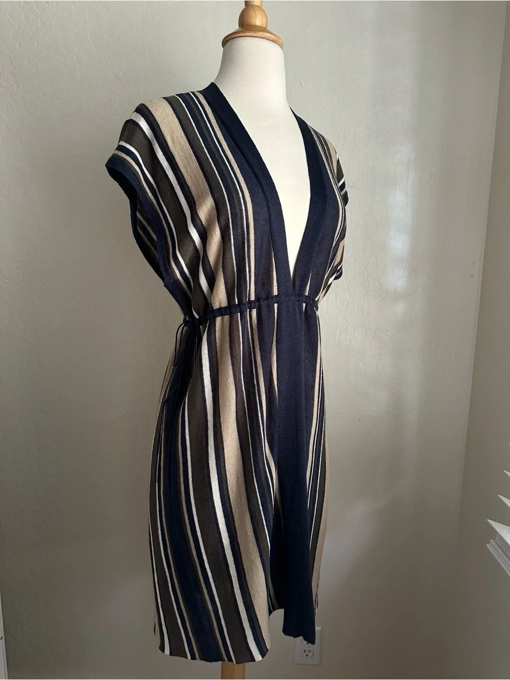 Theory Navy and Cream Striped V-Neck Midi Dress