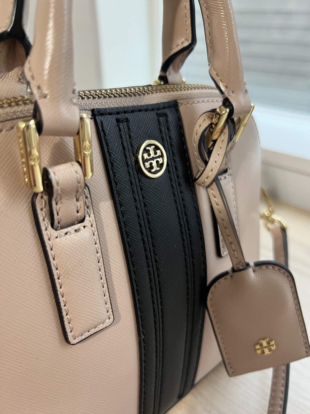 Tory Burch Robinson Mini Dome Bag – Tan/Pink With Black