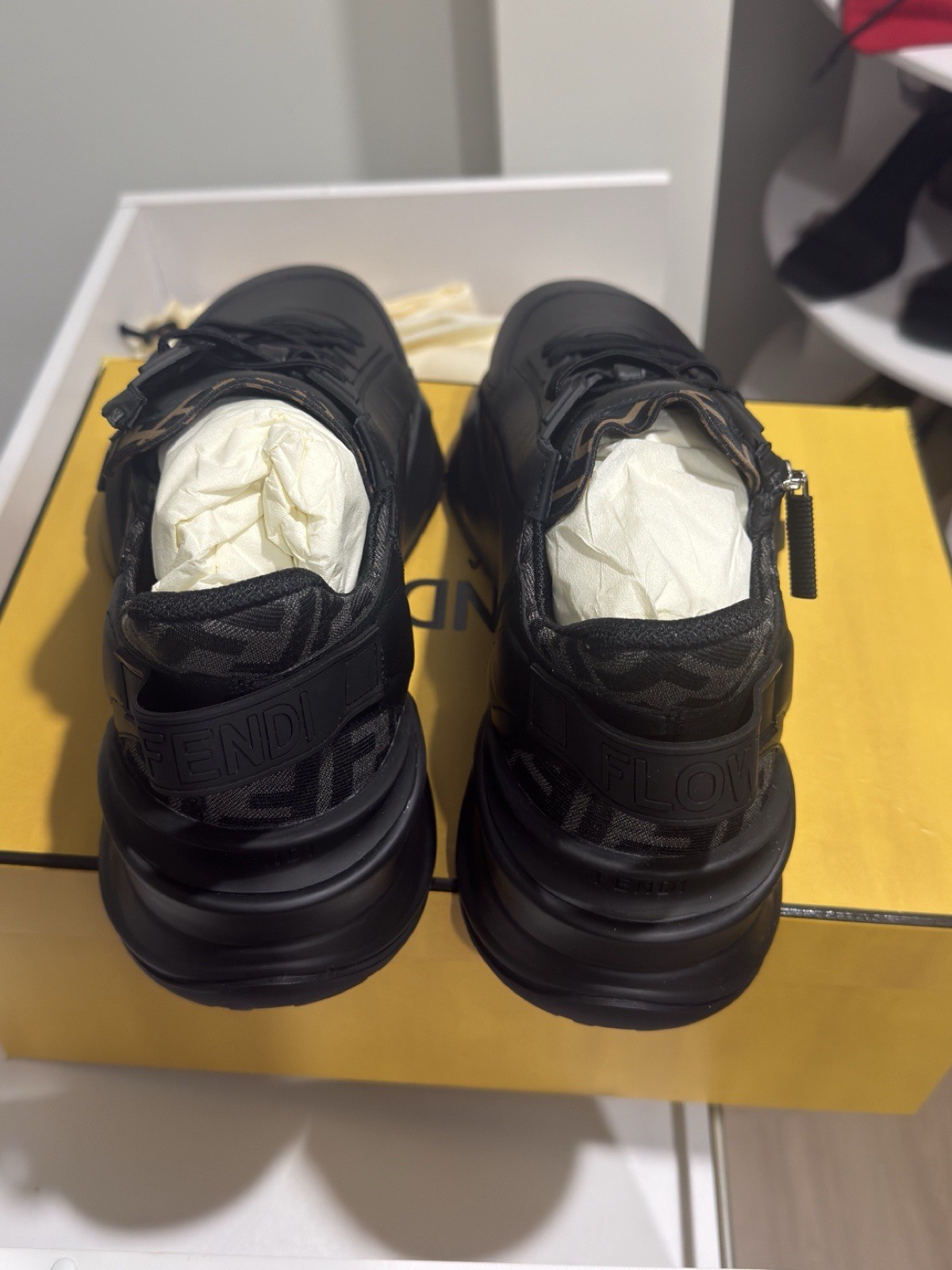 FENDI Flow Vitello Leather & Tonal Logo Jacquard Sneakers (New & Authentic)