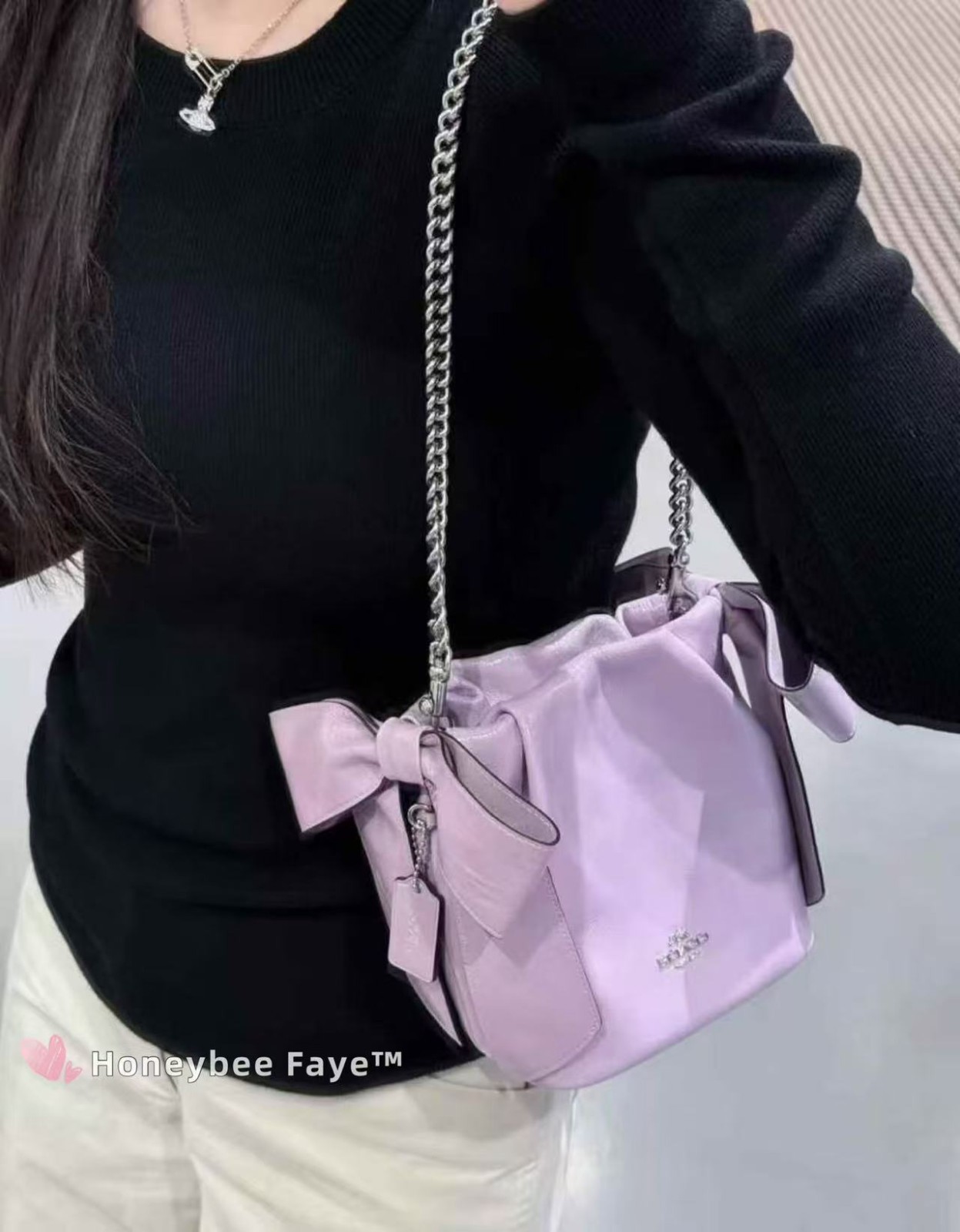 NWT Coach Faye Mini Drawstring Bag With Bows CEL03 Light Amethyst