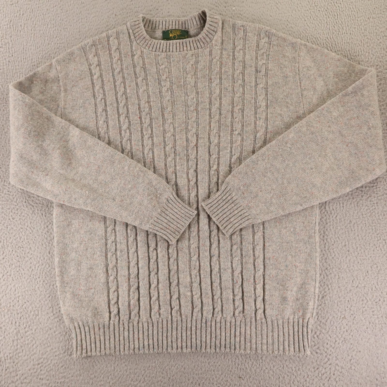 VTG Fisherman Sweater Mens XL Gray Donegal Flecked Cotton Cable Knit Wool