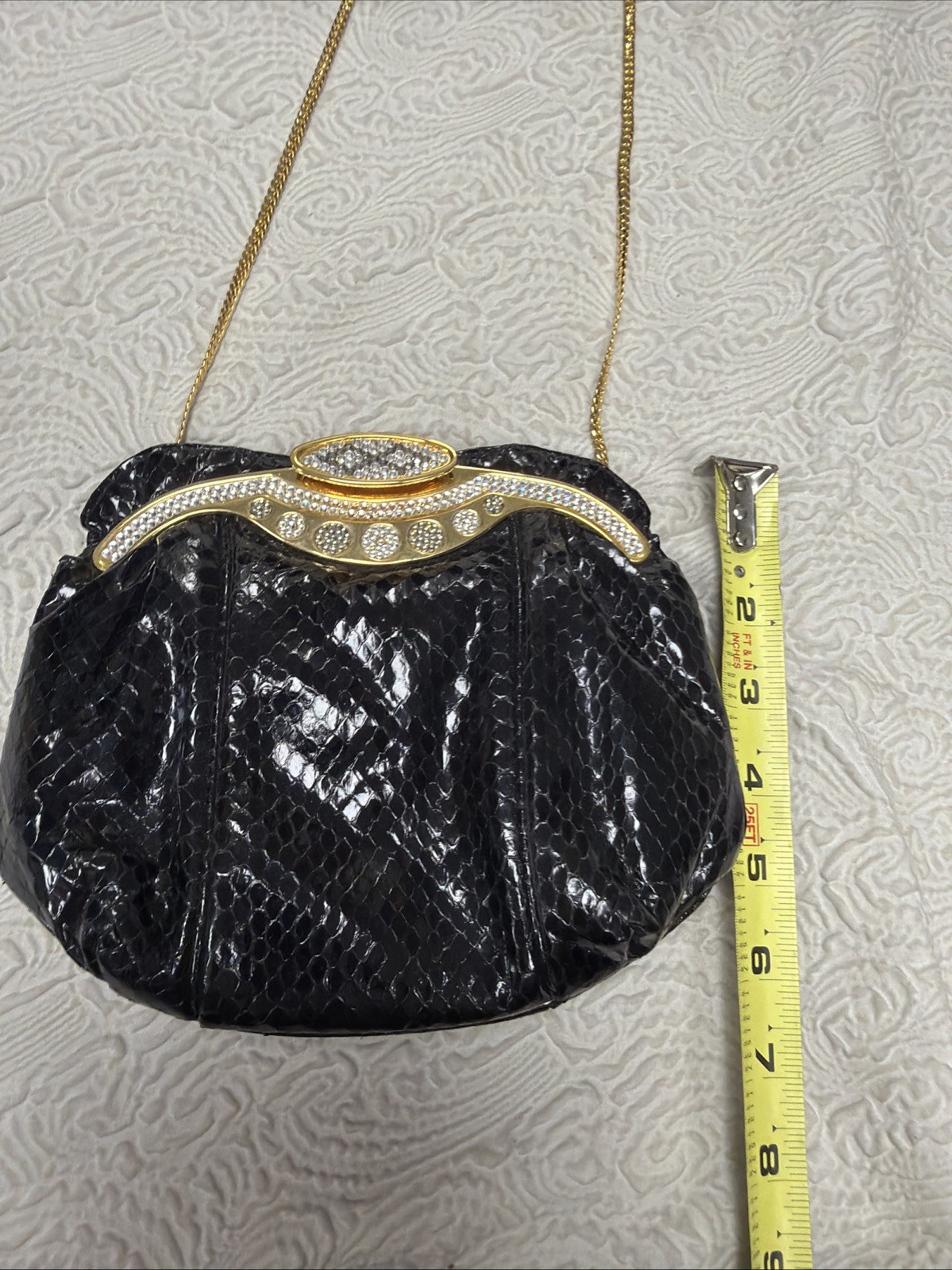 Vintage Embossed Glossy Black Snakeskin Clear Pavé-Set Crystals Jeweled Purse