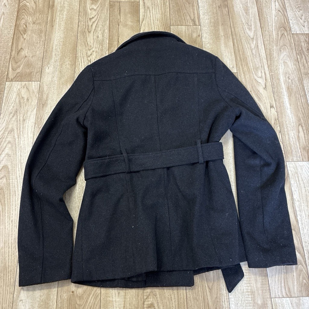 Ambiance Apparel Juniors S Black Pea Coat Belted Lined Short Button Closure