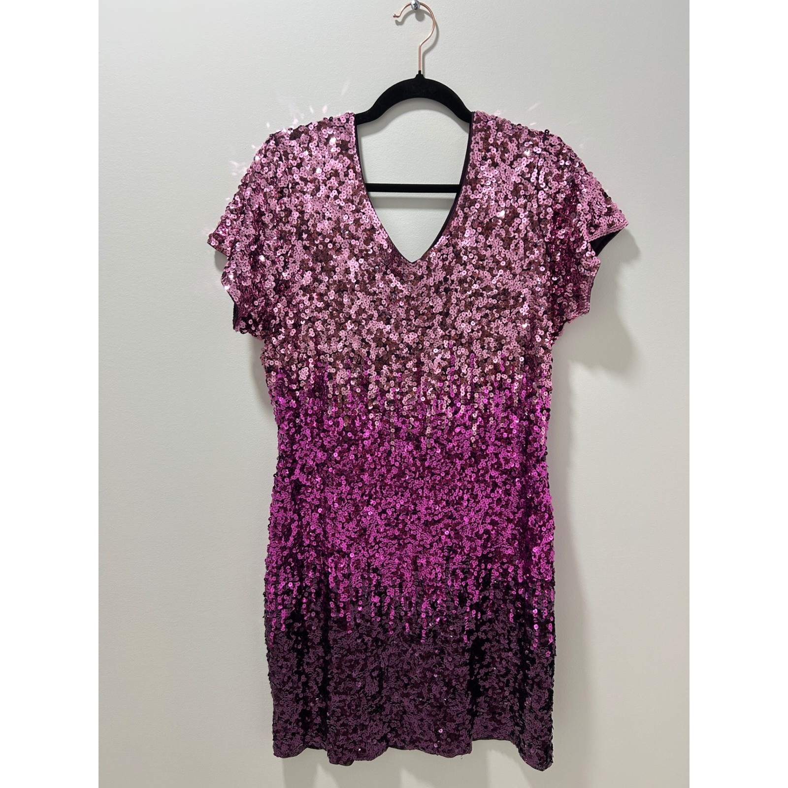 Maner Pink Purple Ombre Sequin V-Neck Short Sleeve Mini Holiday Dress XXL