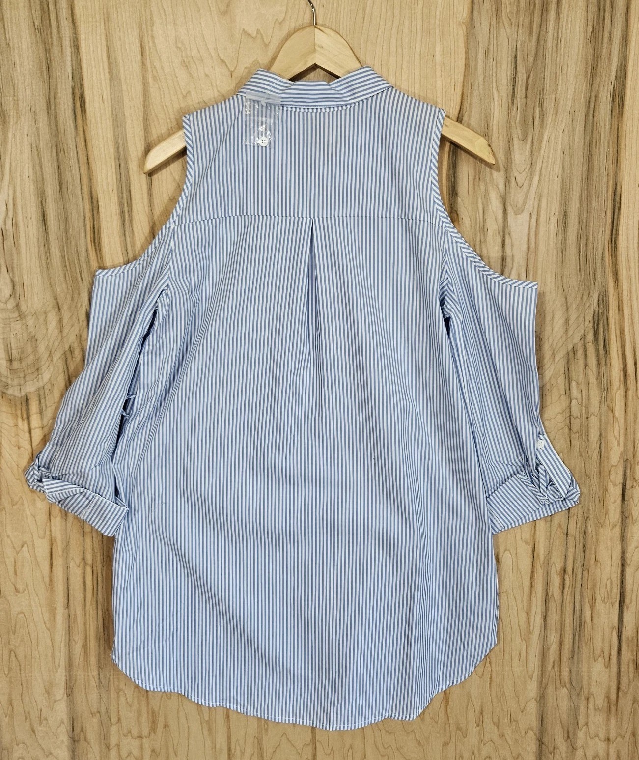 Mine Womens Pinstripe Cold Shoulder Top Button Down Tunic Top w/Belt Size Large