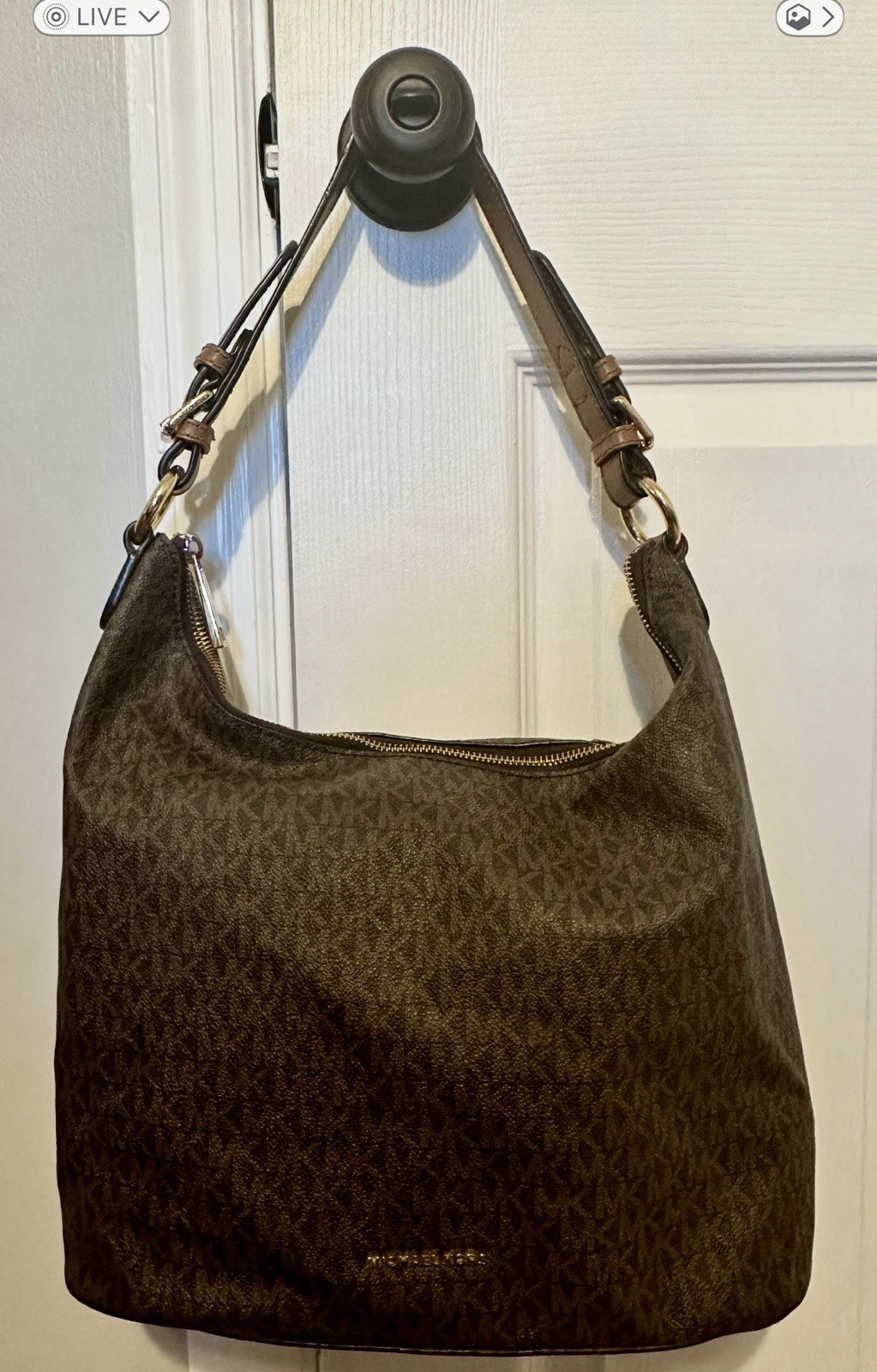 Michael Kors Brown MK Monogram Zip Shoulder Bag Gold Hardware Crescent