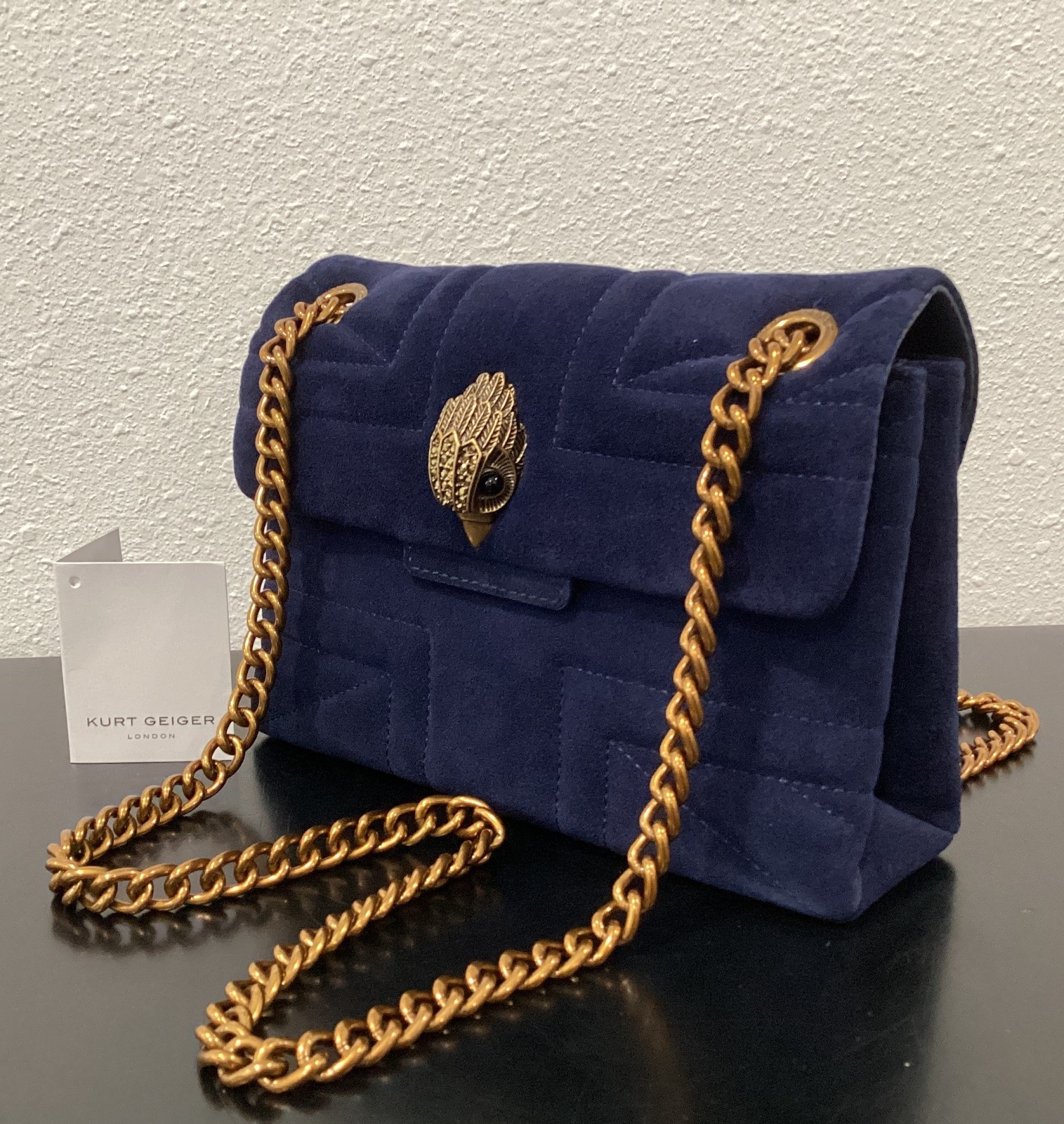 Kurt Geiger Mini Kensington 8″ x 5″ x 2.75″ Navy Blue Suede Union Jack New
