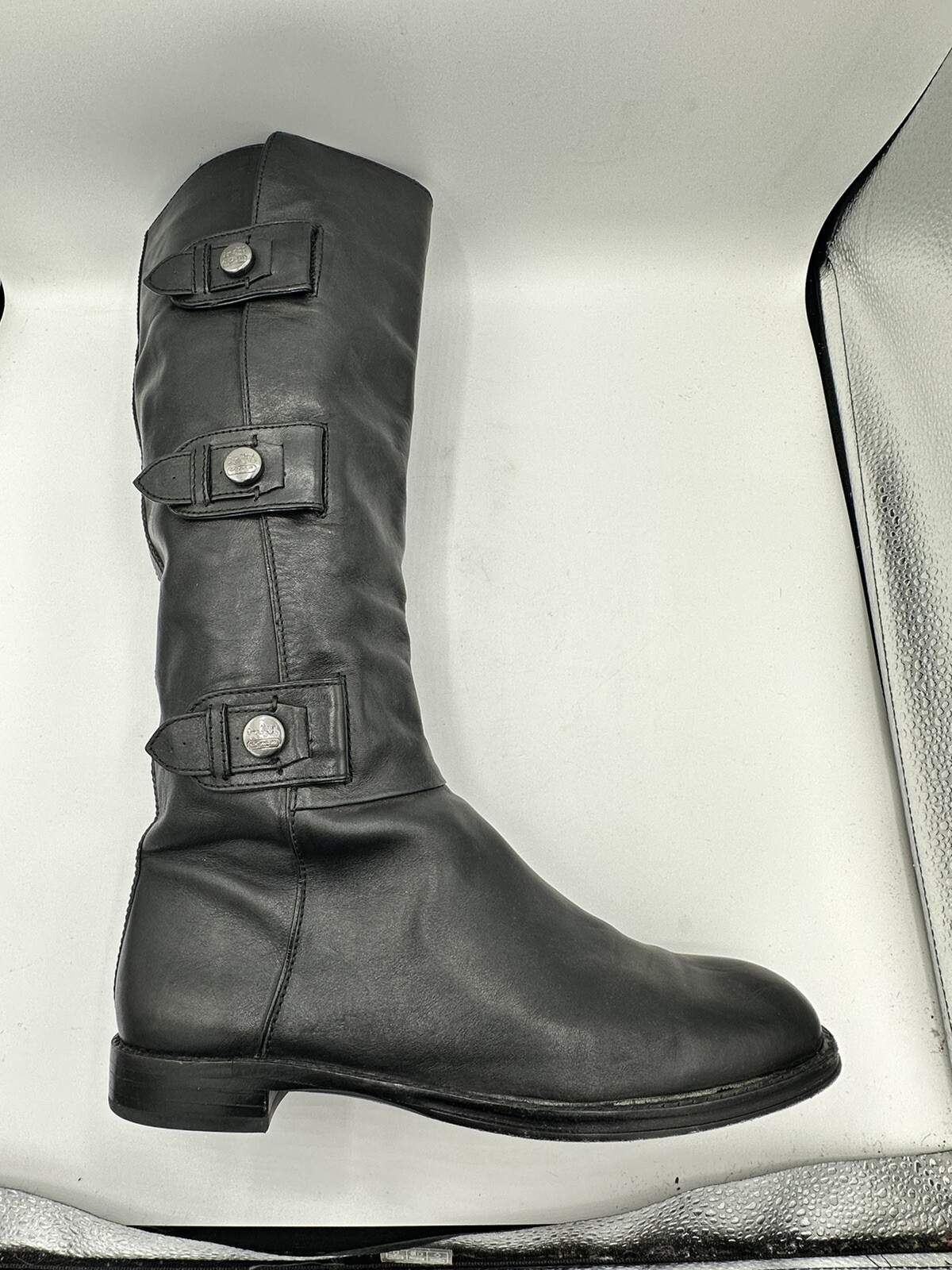 Coach Leather Knee High Riding Boots Black Size 8 Button Strap & Zipper