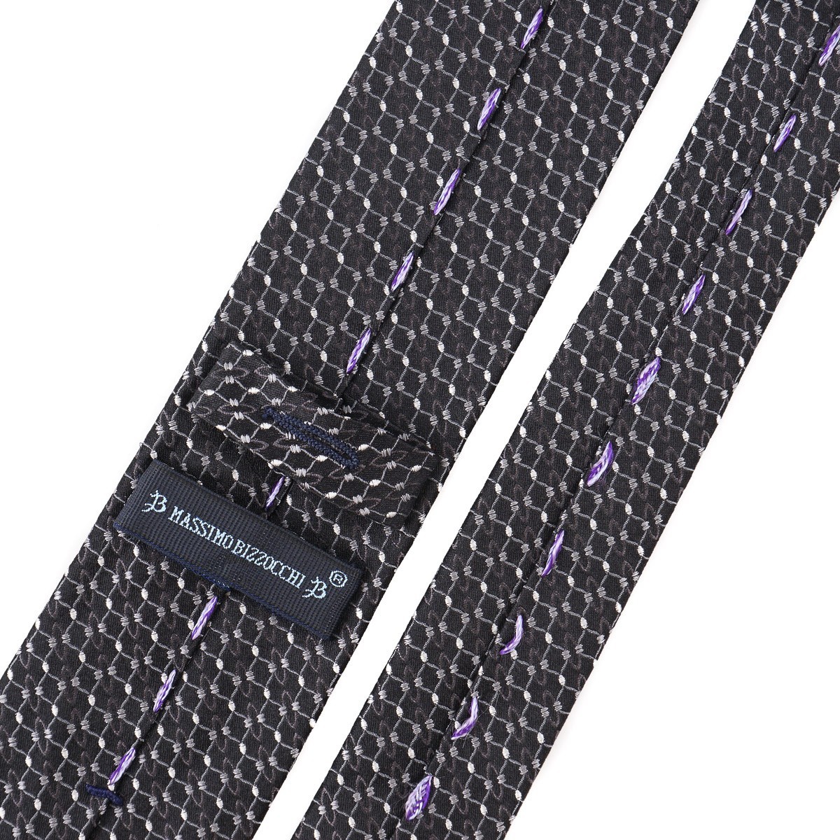 Massimo Bizzocchi Black and Gray Interlocking Pattern Silk Tie 7cm Width