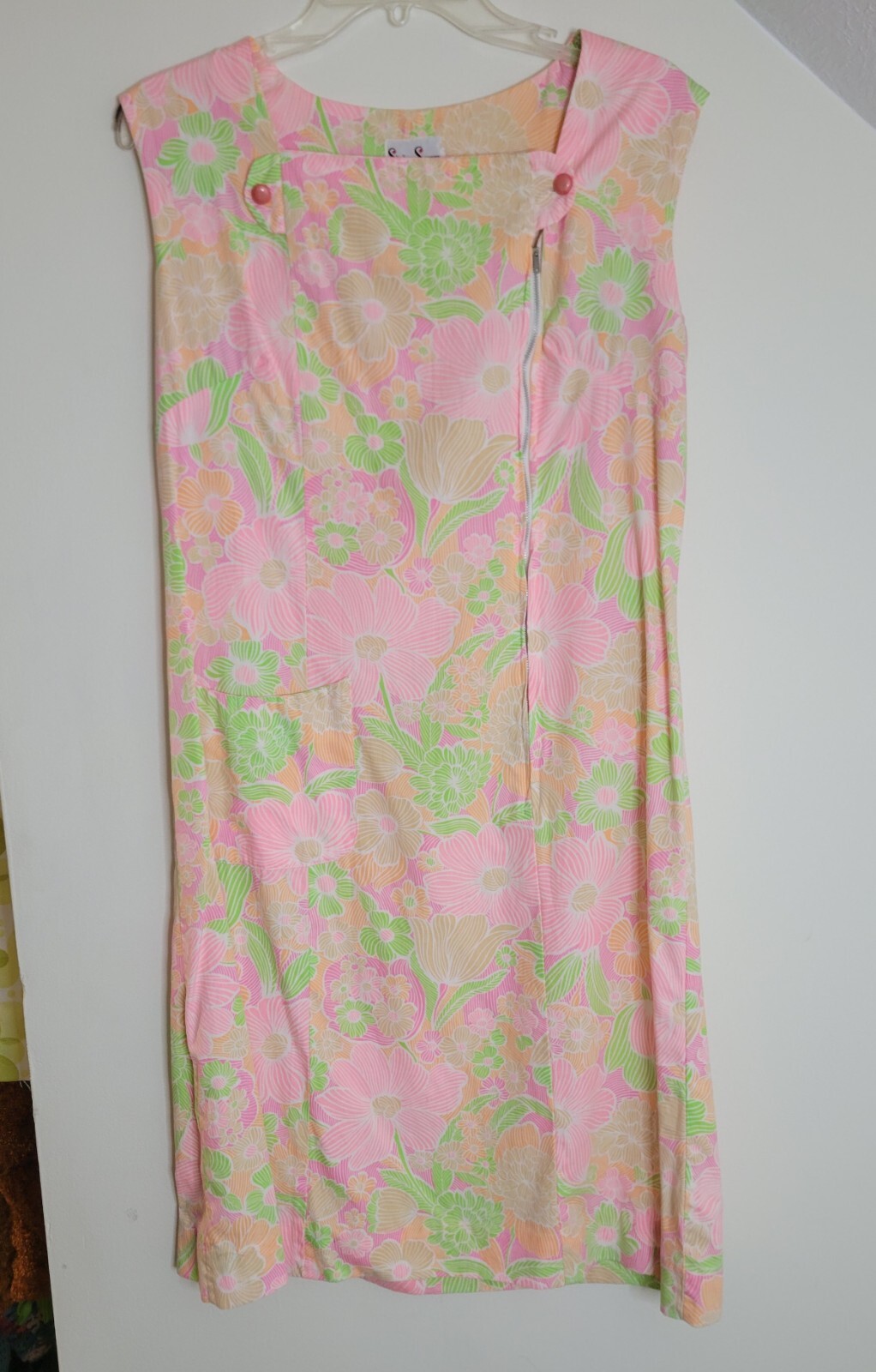 Vintage Shaker Square Neon Floral Zip Front A-Line Shift House Dress