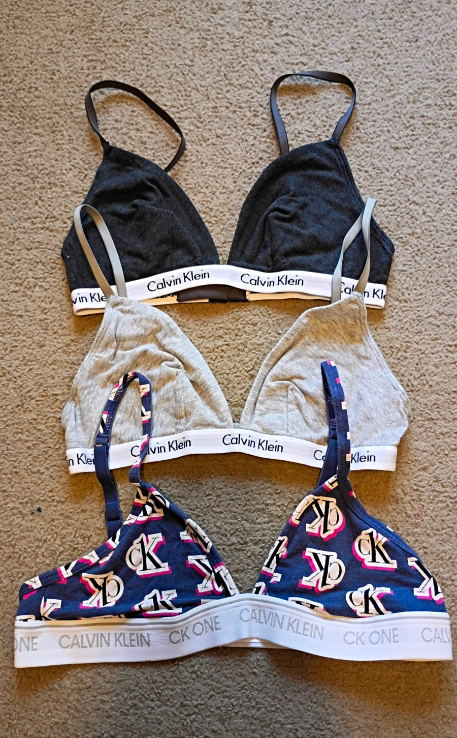 3 PCs Calvin Klein CK One Wireless Bralette Bra 34B Racerback Logo Band