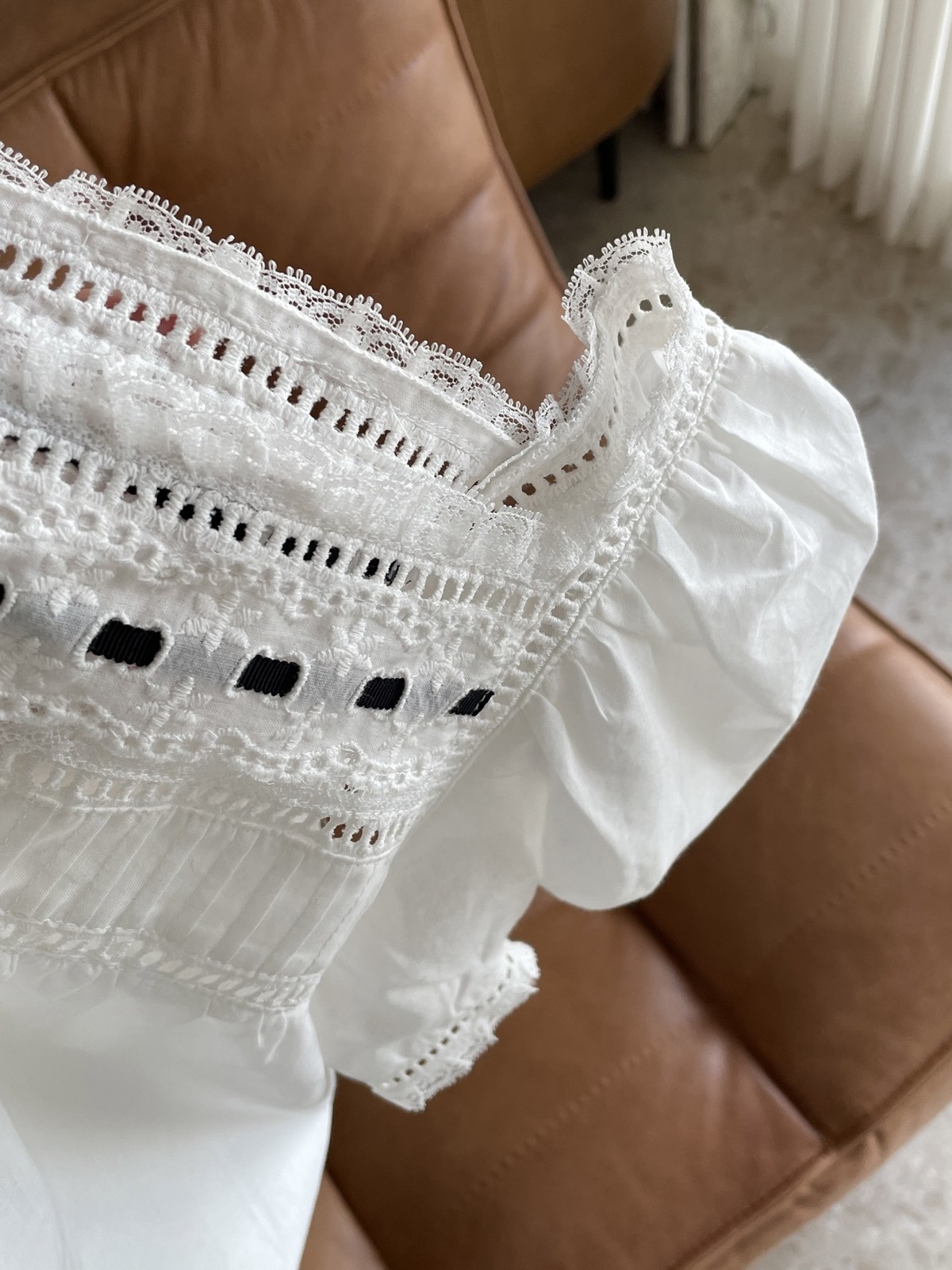 Women Doen Square Neck Lace Short Sleeve Loose Blouse Top