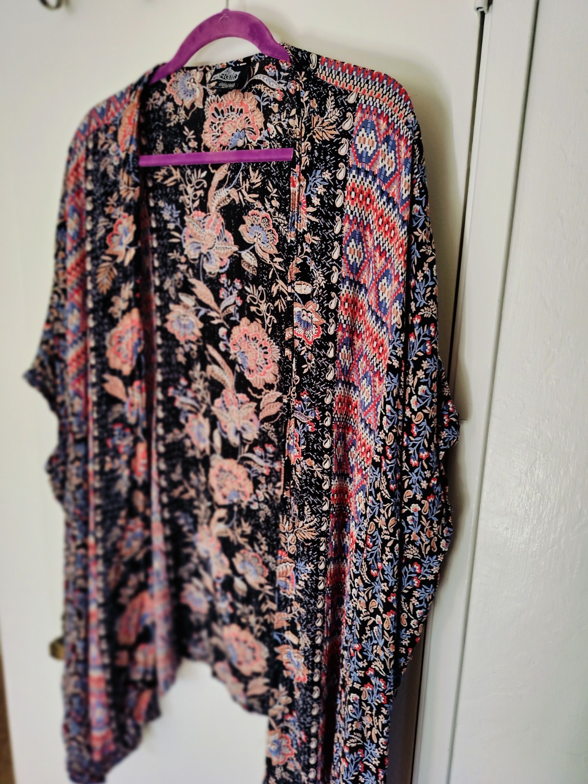 Angie Mixed Print Floral Paisley Kimono O/S Boho Open Front 100% Rayon