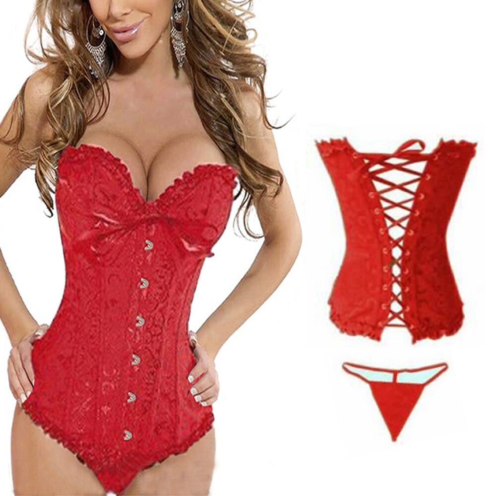 Women Lace Up Boned Bustier Corset Overbust Burlesque Lingerie Waist Trainer ADJ