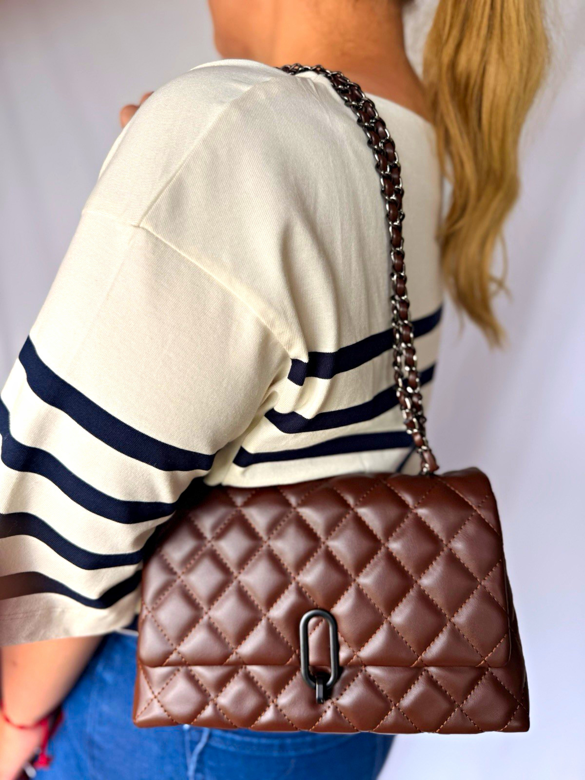 Brown Quilted Flap Shoulder/Crossbody Bag Chain Strap Turn Lock Zip Small