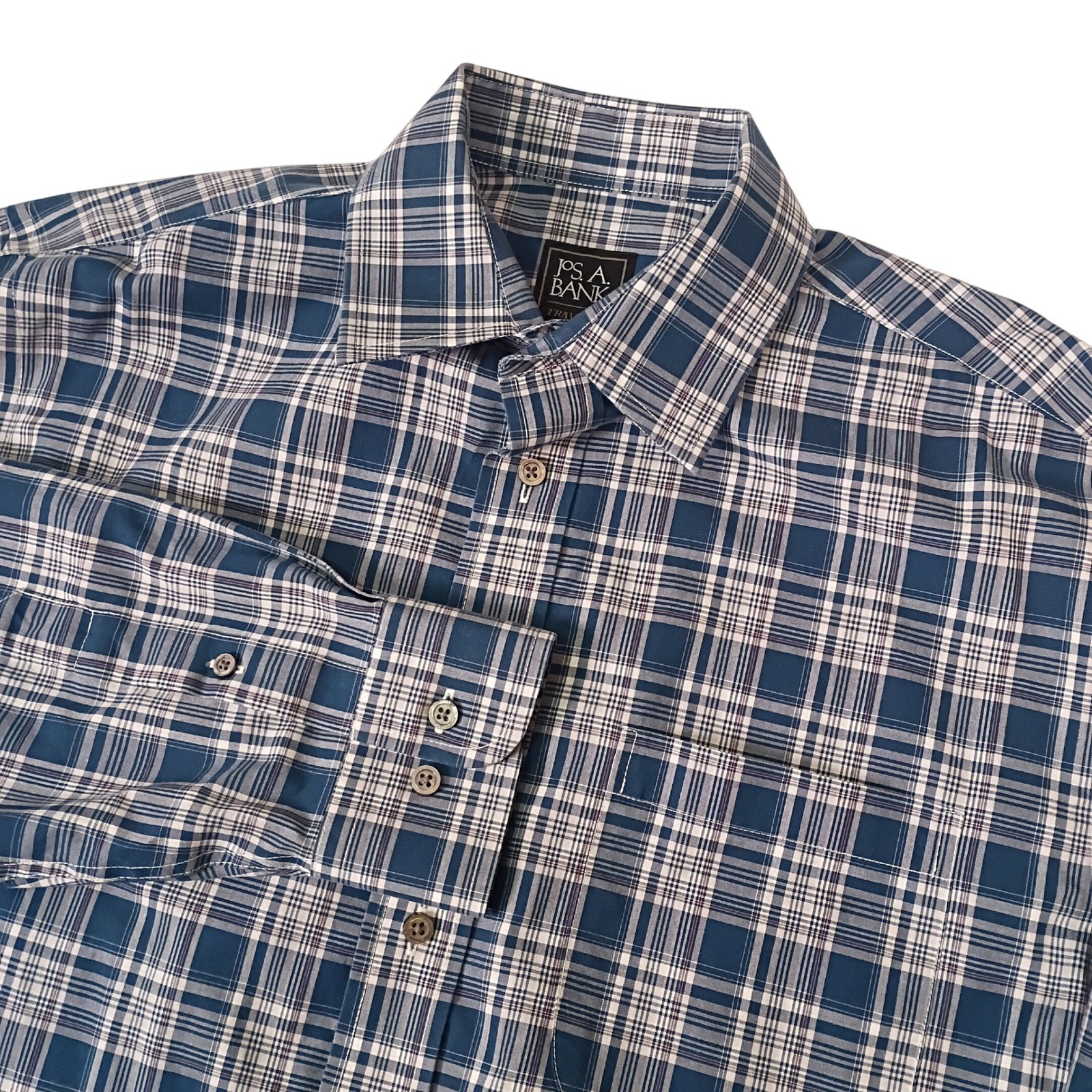 Jos. A. Bank Traveler Mens Blue Plaid Cotton Button Down Shirt Traditional Fit M