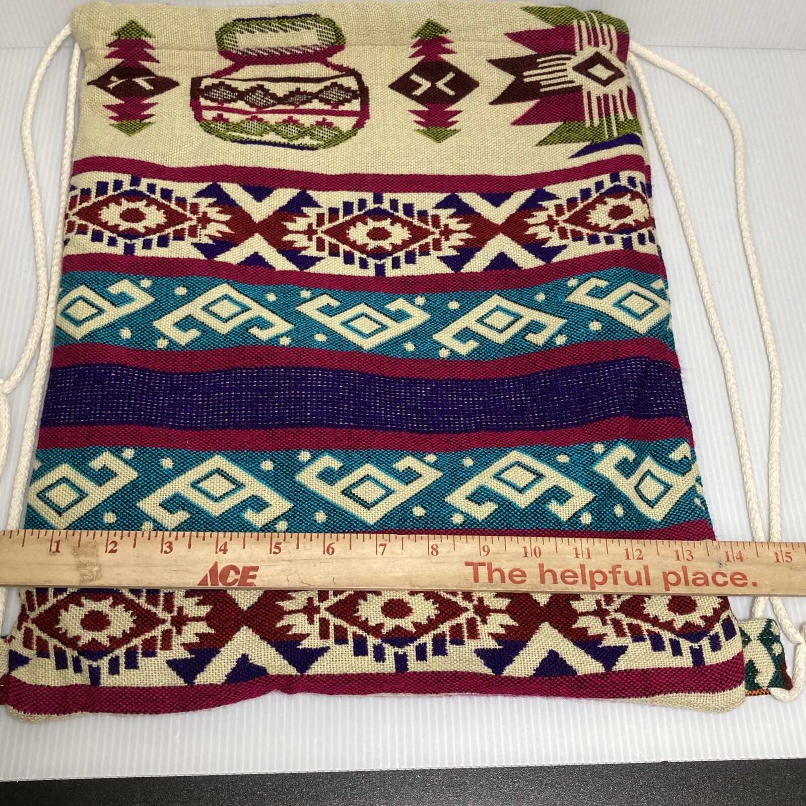 Artesanias Los Andes Drawstring Backpack Bag Ecuador Colorful Native Symbols