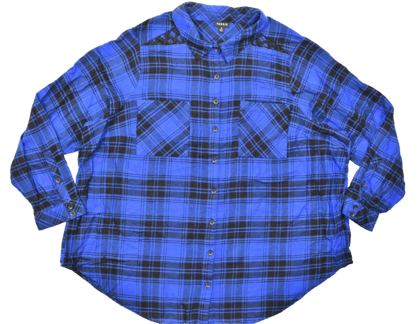 Torrid Plus Size 3 Blue Plaid Flannel Button Up Shirt Cage Strappy Shoulder